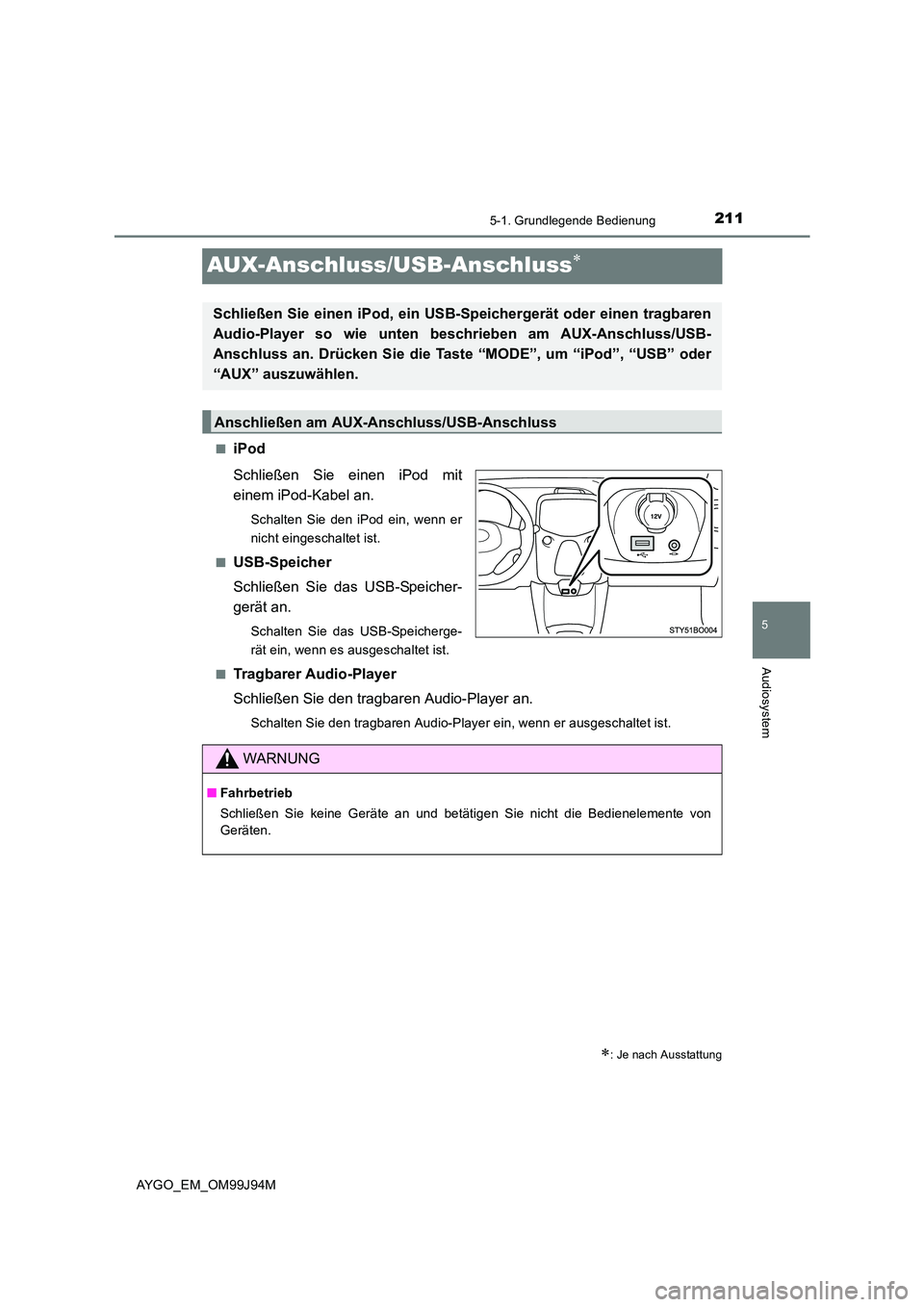 TOYOTA AYGO 2015  Betriebsanleitungen (in German) 211
5
5-1. Grundlegende Bedienung
Audiosystem
AYGO_EM_OM99J94M
AUX-Anschluss/USB-Anschluss∗
■iPod 
Schließen Sie einen iPod mit 
einem iPod-Kabel an.
Schalten Sie den iPod ein, wenn er 
nicht ein