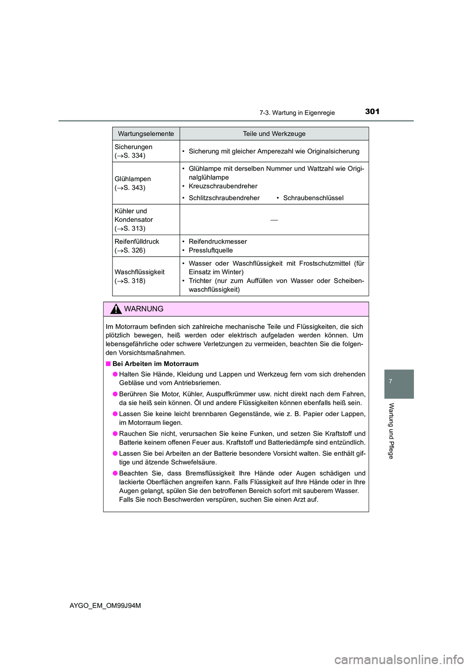 TOYOTA AYGO 2015 Betriebsanleitungen (in German) 3017-3. Wartung in Eigenregie
7
Wartung und Pflege
AYGO_EM_OM99J94M
Sicherungen
( →S. 334)• Sicherung mit gleicher Amperezahl wie Originalsicherung
Glühlampen
( →S. 343)
• Glühlampe mit TOYOTA AYGO 2015 Betriebsanleitungen (in German) 3017-3. Wartung in Eigenregie
7
Wartung und Pflege
AYGO_EM_OM99J94M
Sicherungen
( →S. 334)• Sicherung mit gleicher Amperezahl wie Originalsicherung
Glühlampen
( →S. 343)
• Glühlampe mit