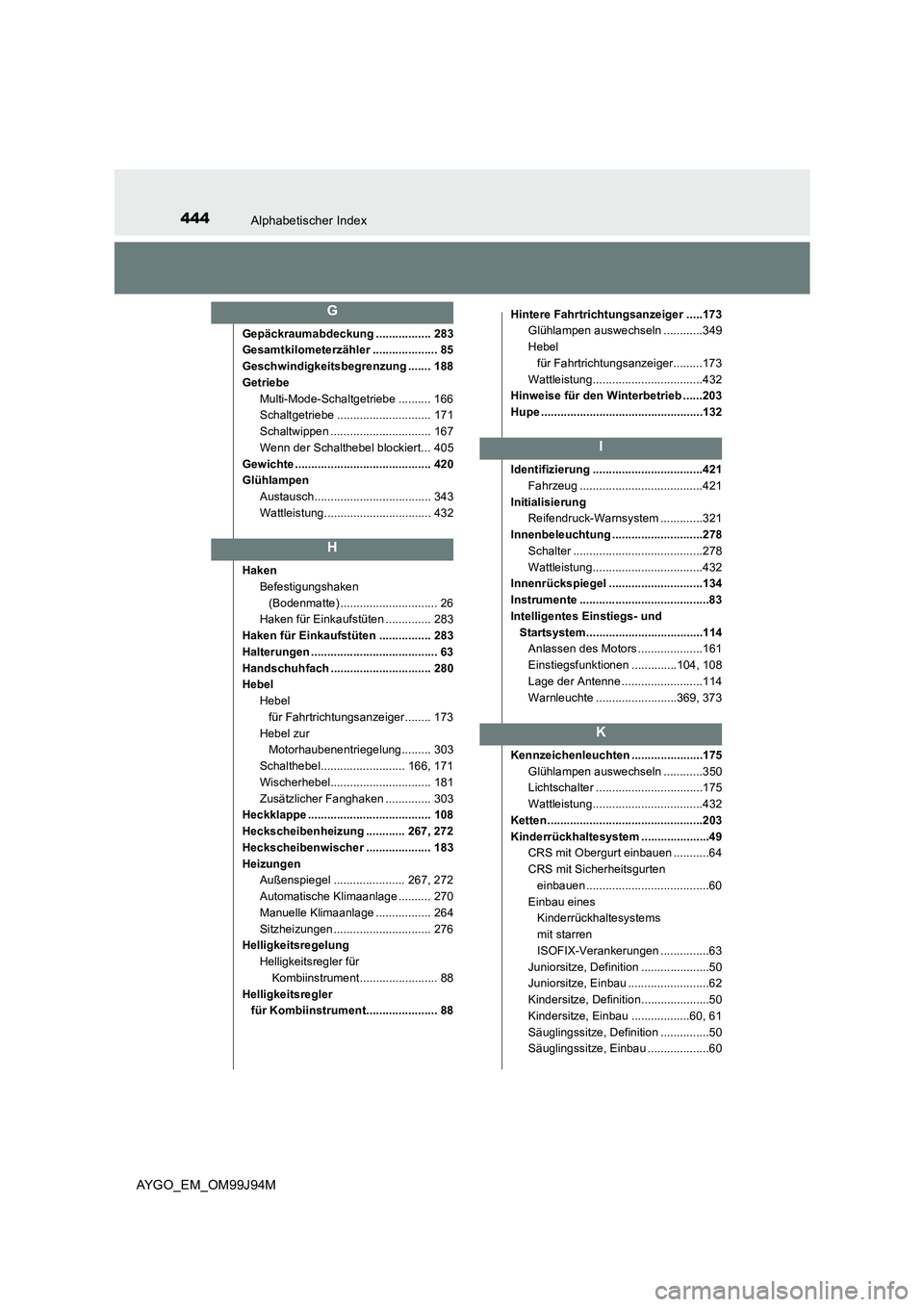 TOYOTA AYGO 2015 Betriebsanleitungen (in German) 444Alphabetischer Index
AYGO_EM_OM99J94M
Gepäckraumabdeckung ................. 283
Gesamtkilometerzähler .................... 85
Geschwindigkeitsbegrenzung ....... 188
Getriebe
Multi-Mode-Schalt TOYOTA AYGO 2015 Betriebsanleitungen (in German) 444Alphabetischer Index
AYGO_EM_OM99J94M
Gepäckraumabdeckung ................. 283
Gesamtkilometerzähler .................... 85
Geschwindigkeitsbegrenzung ....... 188
Getriebe
Multi-Mode-Schalt