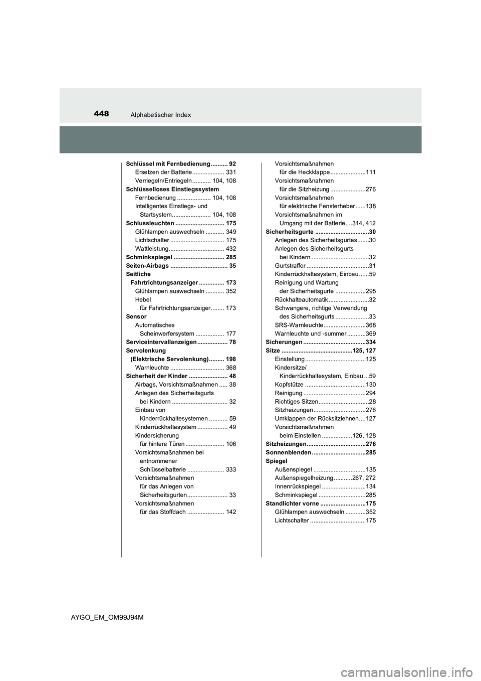 TOYOTA AYGO 2015 Betriebsanleitungen (in German) 448Alphabetischer Index
AYGO_EM_OM99J94M
Schlüssel mit Fernbedienung .......... 92
Ersetzen der Batterie................... 331
Verriegeln/Entriegeln ........... 104, 108
Schlüsselloses Einstiegs TOYOTA AYGO 2015 Betriebsanleitungen (in German) 448Alphabetischer Index
AYGO_EM_OM99J94M
Schlüssel mit Fernbedienung .......... 92
Ersetzen der Batterie................... 331
Verriegeln/Entriegeln ........... 104, 108
Schlüsselloses Einstiegs