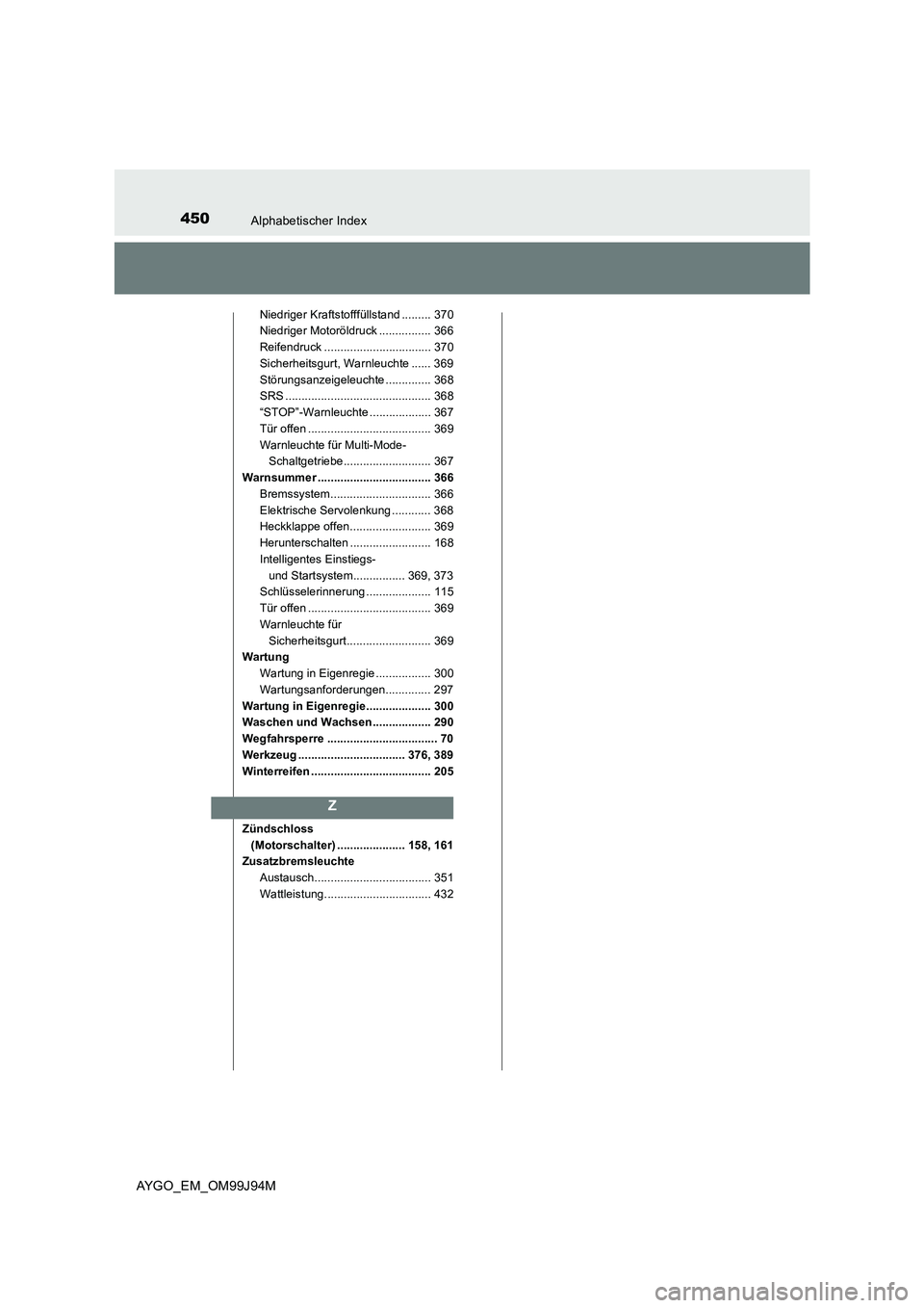 TOYOTA AYGO 2015 Betriebsanleitungen (in German) 450Alphabetischer Index
AYGO_EM_OM99J94M
Niedriger Kraftstofffüllstand ......... 370
Niedriger Motoröldruck ................ 366
Reifendruck ................................. 370
Sicherheitsgurt, TOYOTA AYGO 2015 Betriebsanleitungen (in German) 450Alphabetischer Index
AYGO_EM_OM99J94M
Niedriger Kraftstofffüllstand ......... 370
Niedriger Motoröldruck ................ 366
Reifendruck ................................. 370
Sicherheitsgurt,