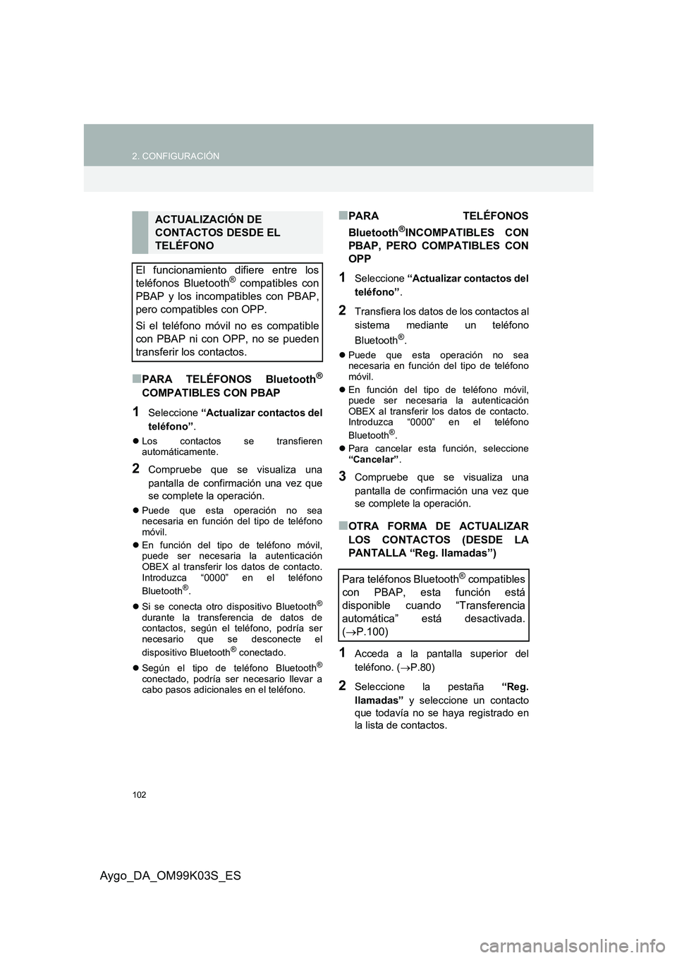 TOYOTA AYGO 2015  Manuale de Empleo (in Spanish) 102
2. CONFIGURACIÓN
Aygo_DA_OM99K03S_ES
■PARA TELÉFONOS Bluetooth®
COMPATIBLES CON PBAP 
1Seleccione “Actualizar contactos del 
teléfono” .
�zLos contactos se transfieren automáticamente. 