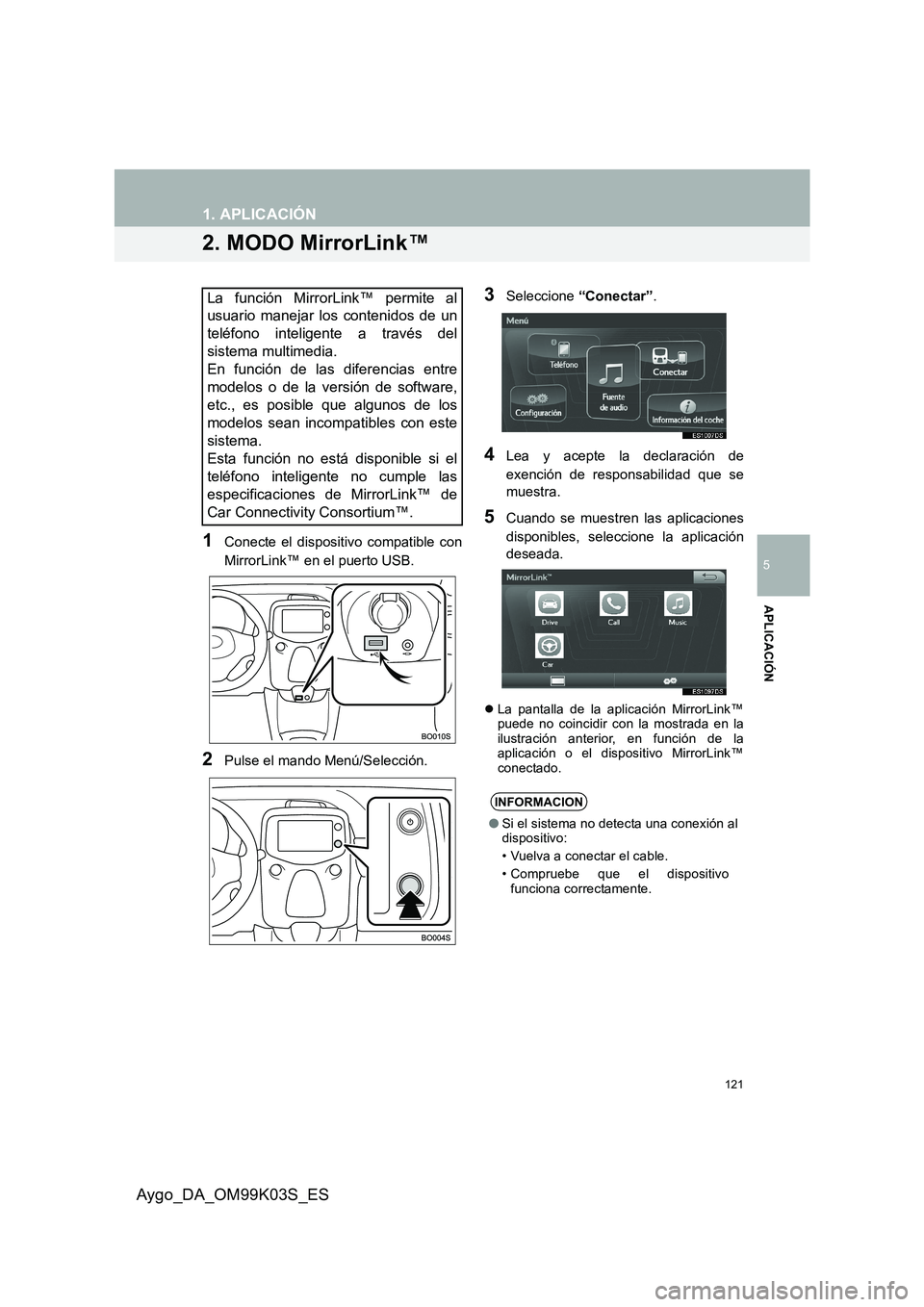 TOYOTA AYGO 2015  Manuale de Empleo (in Spanish) 121
1. APLICACIÓN
5
APLICACIÓN
Aygo_DA_OM99K03S_ES
2. MODO MirrorLink™
1Conecte el dispositivo compatible con 
MirrorLink™ en el puerto USB.
2Pulse el mando Menú/Selección.
3Seleccione  “Con