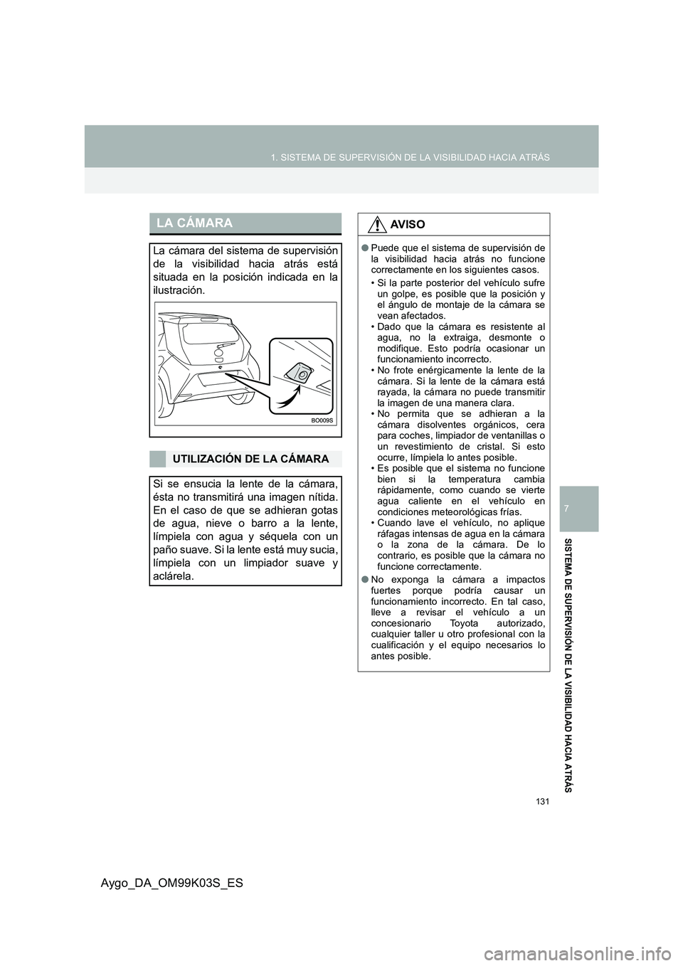 TOYOTA AYGO 2015  Manuale de Empleo (in Spanish) 131
1. SISTEMA DE SUPERVISIÓN DE LA VISIBILIDAD HACIA ATRÁS
Aygo_DA_OM99K03S_ES
7
SISTEMA DE SUPERVISIÓN DE LA VISIBILIDAD HACIA ATRÁS
LA CÁMARA
La cámara del sistema de supervisión
de la visib