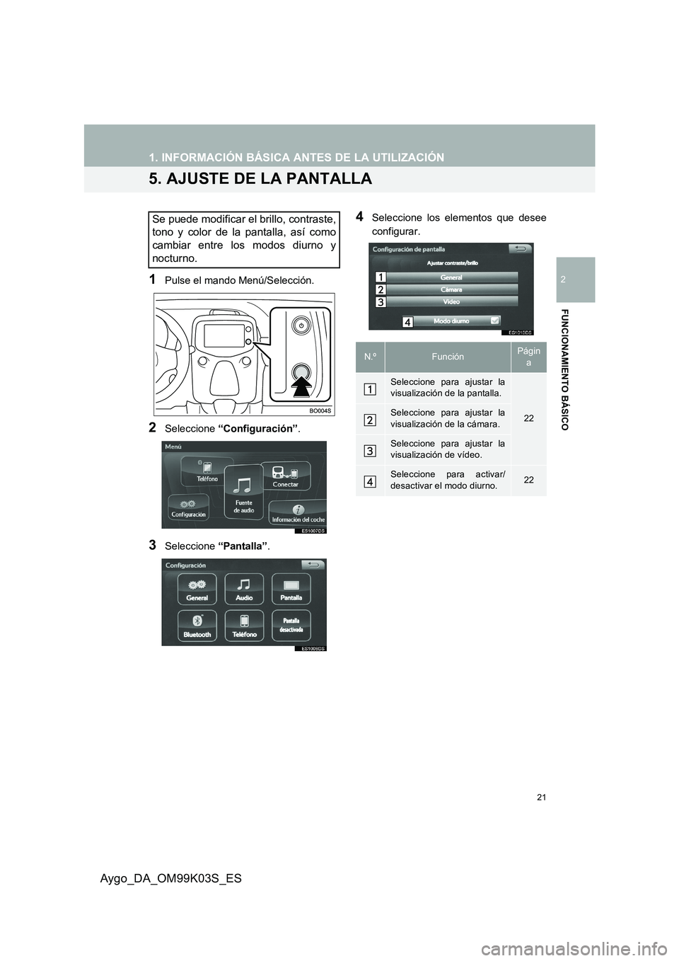 TOYOTA AYGO 2015  Manuale de Empleo (in Spanish) 21
1. INFORMACIÓN BÁSICA ANTES DE LA UTILIZACIÓN
2
FUNCIONAMIENTO BÁSICO
Aygo_DA_OM99K03S_ES
5. AJUSTE DE LA PANTALLA
1Pulse el mando Menú/Selección.
2Seleccione “Configuración”.
3Seleccion