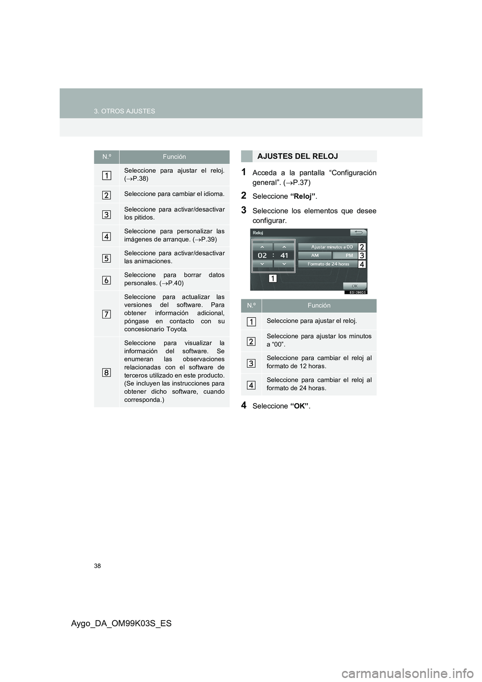 TOYOTA AYGO 2015  Manuale de Empleo (in Spanish) 38
3. OTROS AJUSTES
Aygo_DA_OM99K03S_ES
1Acceda a la pantalla “Configuración 
general”. ( →P.37)
2Seleccione “Reloj”.
3Seleccione los elementos que desee 
configurar.
4Seleccione  “OK”.