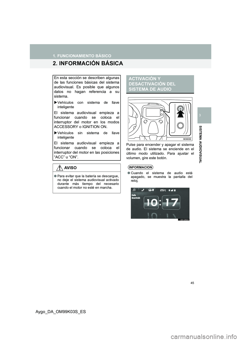 TOYOTA AYGO 2015  Manuale de Empleo (in Spanish) 45
1. FUNCIONAMIENTO BÁSICO
3
SISTEMA AUDIOVISUAL
Aygo_DA_OM99K03S_ES
2. INFORMACIÓN BÁSICA
Pulse para encender y apagar el sistema 
de audio. El sistema se enciende en el 
último modo utilizado. 