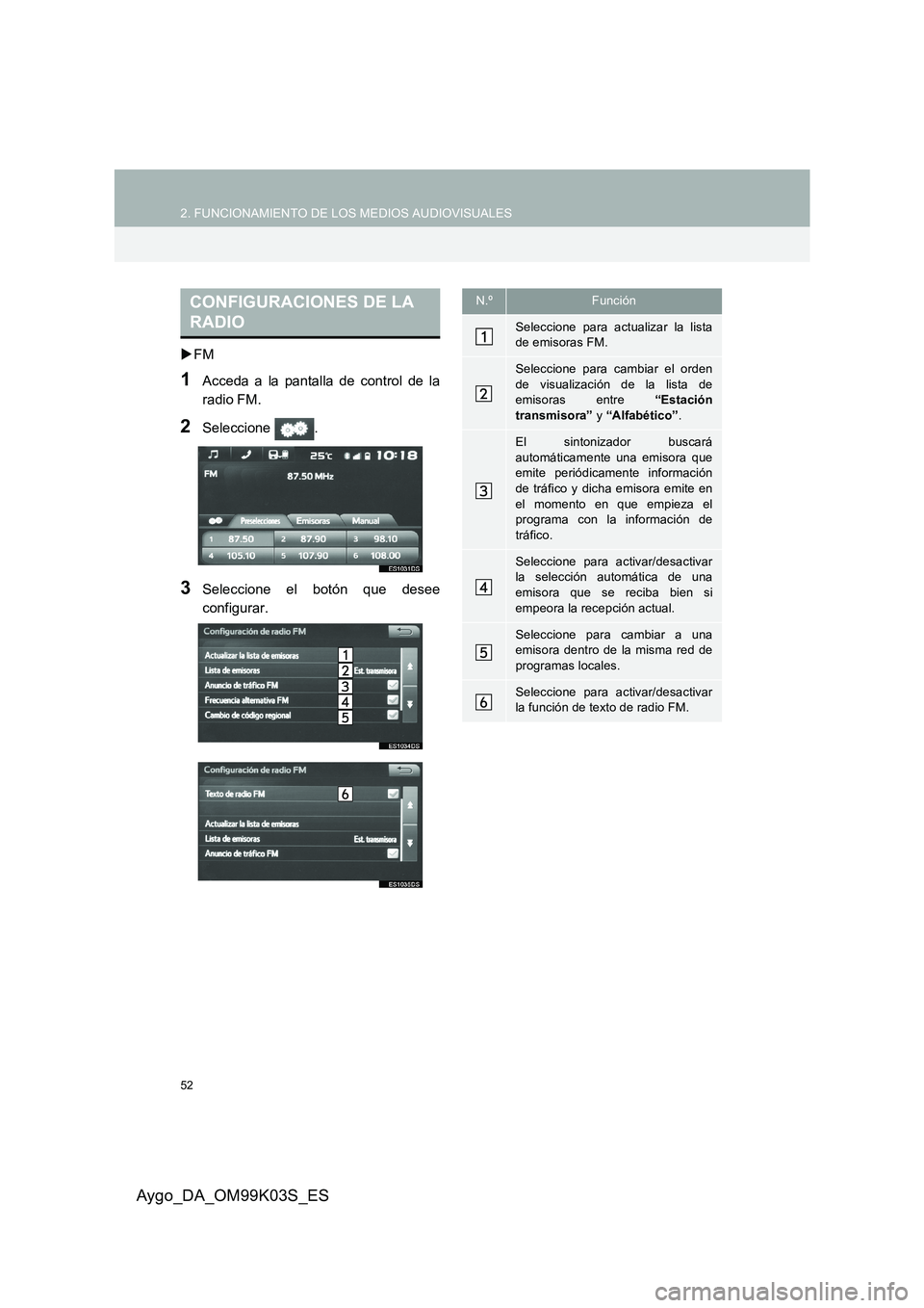 TOYOTA AYGO 2015  Manuale de Empleo (in Spanish) 52
2. FUNCIONAMIENTO DE LOS MEDIOS AUDIOVISUALES
Aygo_DA_OM99K03S_ES
�XFM
1Acceda a la pantalla de control de la 
radio FM.
2Seleccione .
3Seleccione el botón que desee
configurar.
CONFIGURACIONES DE