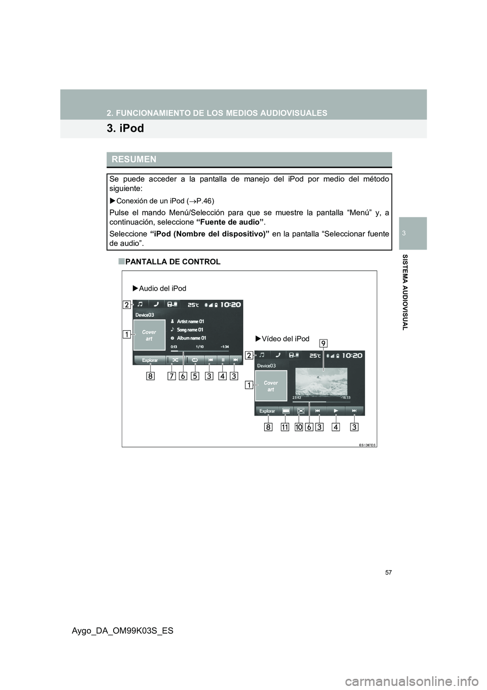 TOYOTA AYGO 2015  Manuale de Empleo (in Spanish) 57
2. FUNCIONAMIENTO DE LOS MEDIOS AUDIOVISUALES
3
SISTEMA AUDIOVISUAL
Aygo_DA_OM99K03S_ES
3. iPod
■PANTALLA DE CONTROL
RESUMEN
Se puede acceder a la pantalla de manejo del iPod por medio del métod