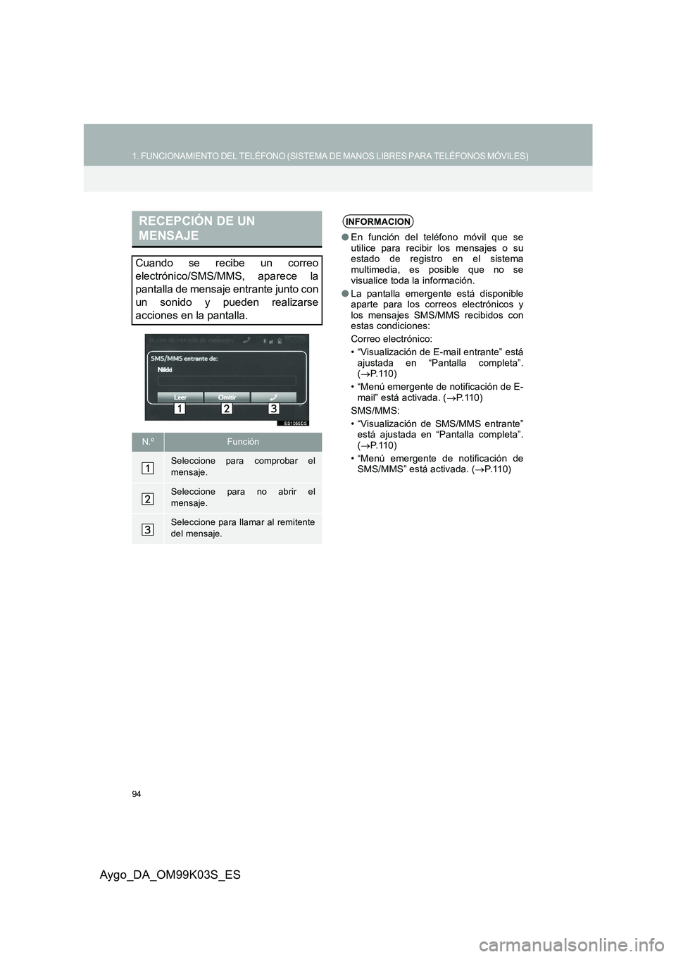 TOYOTA AYGO 2015 Manuale de Empleo (in Spanish) 94
1. FUNCIONAMIENTO DEL TELÉFONO (SISTEMA DE MANOS LIBRES PARA TELÉFONOS MÓVILES)
Aygo_DA_OM99K03S_ES
RECEPCIÓN DE UN
MENSAJE
Cuando se recibe un correo
electrónico/SMS/MMS, aparece la
panta TOYOTA AYGO 2015 Manuale de Empleo (in Spanish) 94
1. FUNCIONAMIENTO DEL TELÉFONO (SISTEMA DE MANOS LIBRES PARA TELÉFONOS MÓVILES)
Aygo_DA_OM99K03S_ES
RECEPCIÓN DE UN
MENSAJE
Cuando se recibe un correo
electrónico/SMS/MMS, aparece la
panta