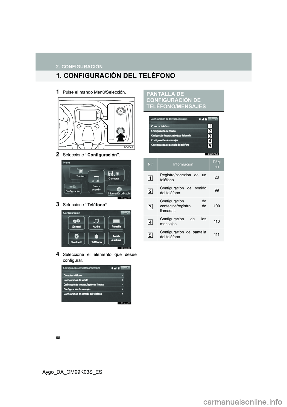 TOYOTA AYGO 2015  Manuale de Empleo (in Spanish) 98
Aygo_DA_OM99K03S_ES
2. CONFIGURACIÓN
1. CONFIGURACIÓN DEL TELÉFONO
1Pulse el mando Menú/Selección.
2Seleccione “Configuración”.
3Seleccione “Teléfono”.
4Seleccione el elemento que de