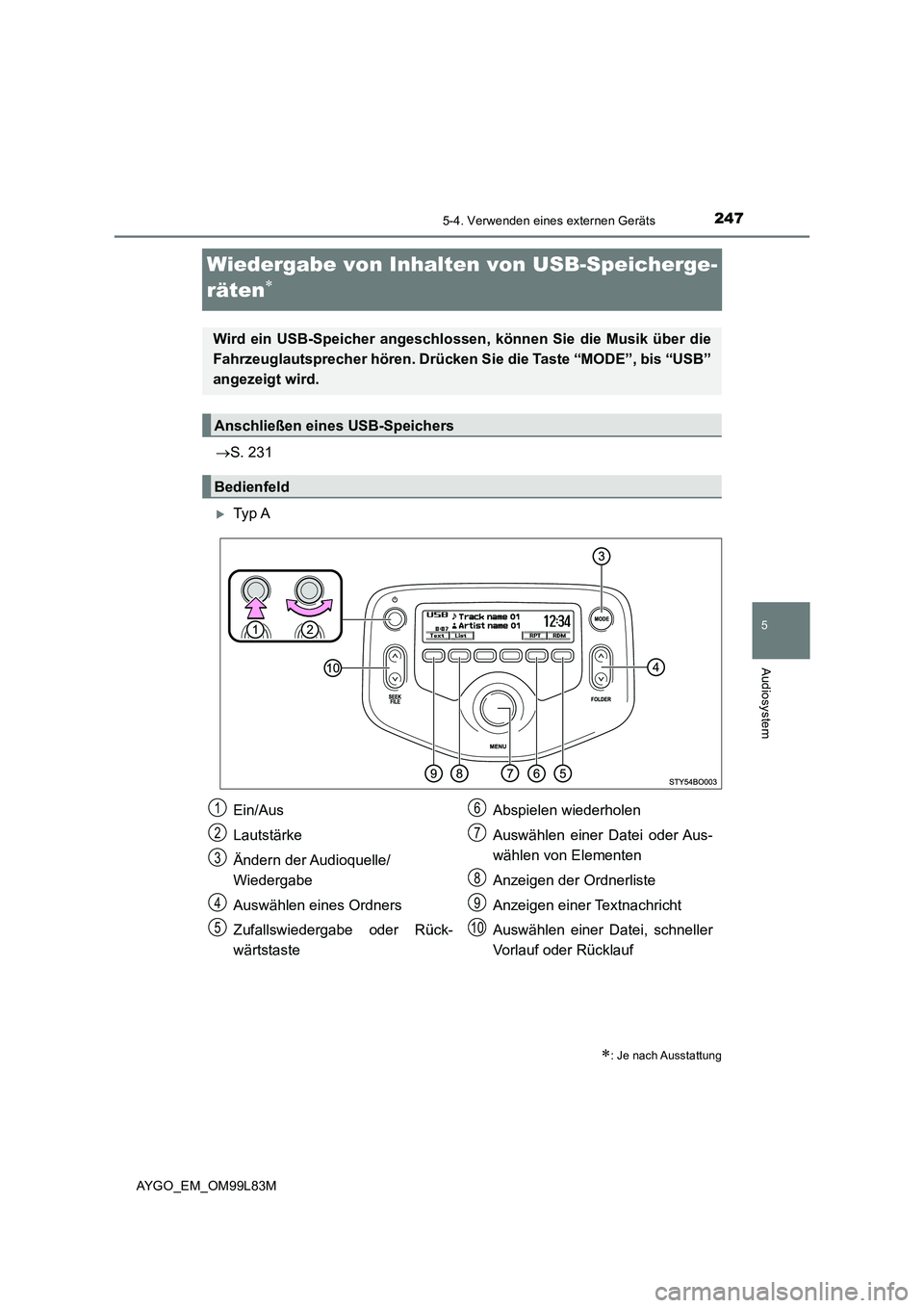 TOYOTA AYGO 2016  Betriebsanleitungen (in German) 247
5
5-4. Verwenden eines externen Geräts
Audiosystem
AYGO_EM_OM99L83M
Wiedergabe von Inhalten von USB-Speicherge- 
räten
 S. 231
Ty p  A
: Je nach Ausstattung
Wird ein USB-Speicher ang