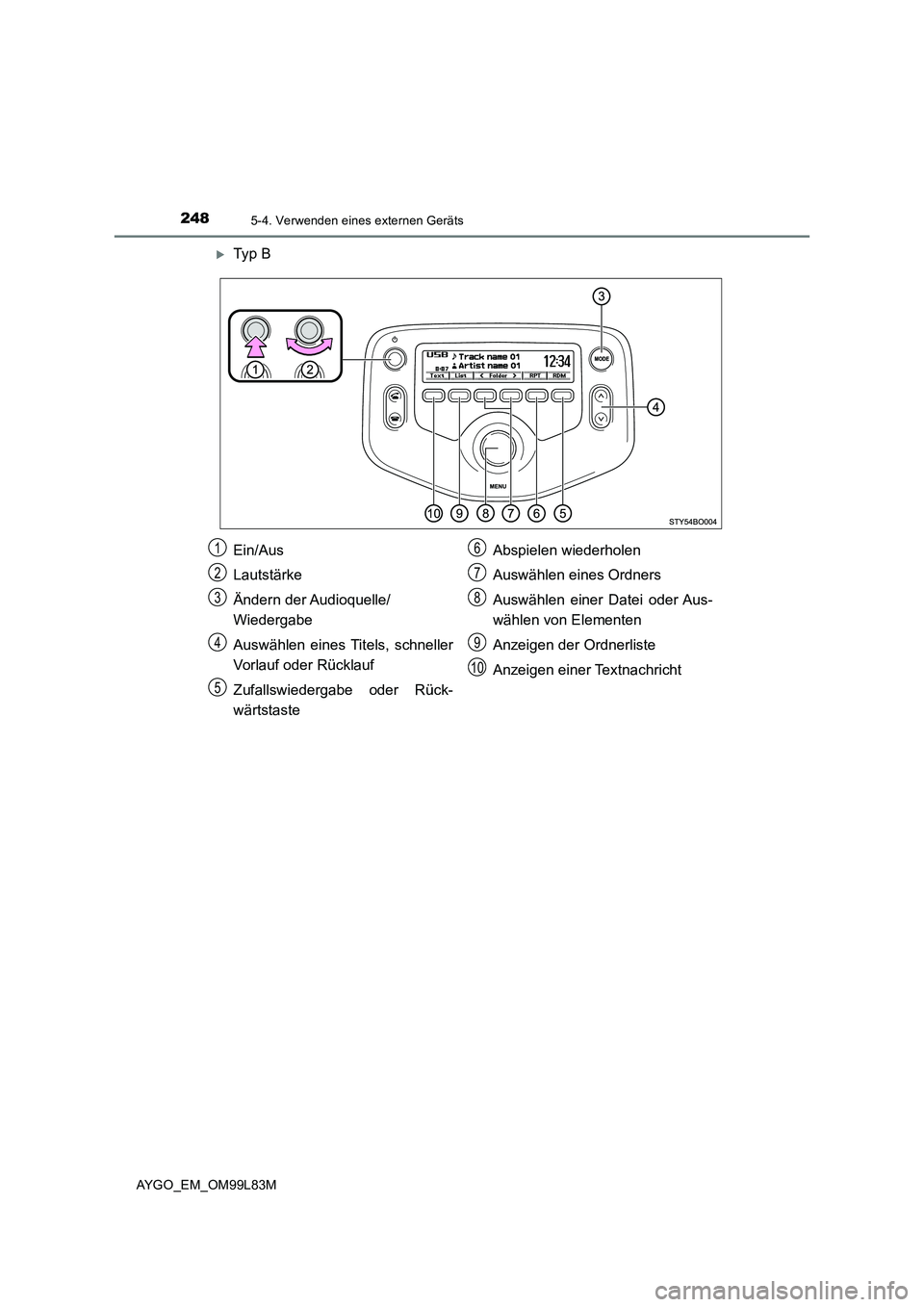 TOYOTA AYGO 2016  Betriebsanleitungen (in German) 2485-4. Verwenden eines externen Geräts
AYGO_EM_OM99L83M
Ty p  B
Ein/Aus 
Lautstärke 
Ändern der Audioquelle/ 
Wiedergabe 
Auswählen eines Titels, schneller 
Vorlauf oder Rücklauf 
Zufallswied