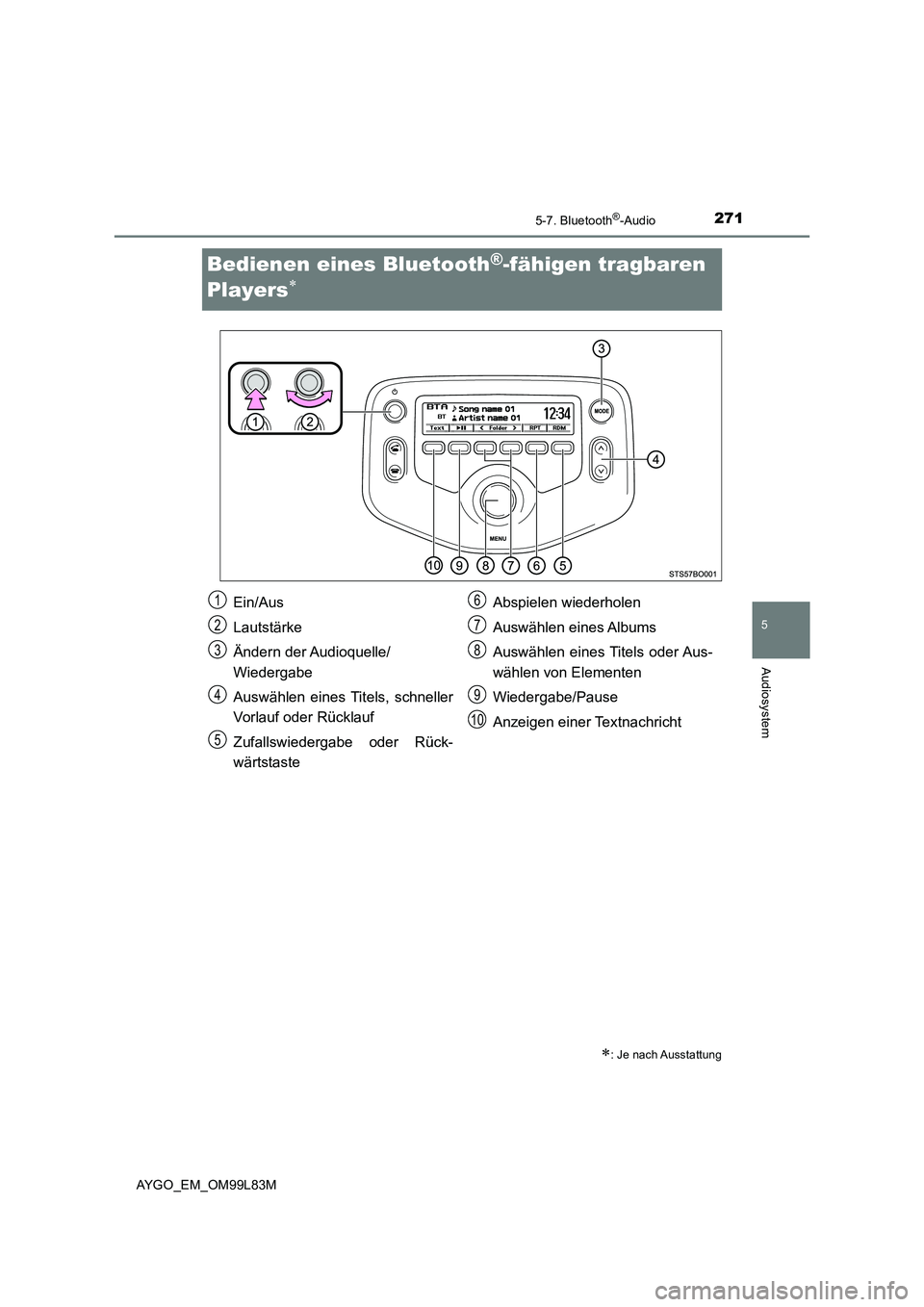 TOYOTA AYGO 2016  Betriebsanleitungen (in German) 271
5
5-7. Bluetooth®-Audio
Audiosystem
AYGO_EM_OM99L83M
Bedienen eines Bluetooth®-fähigen tragbaren  
Players
: Je nach Ausstattung
Ein/Aus 
Lautstärke
Ändern der Audioquelle/ 
Wiedergabe 