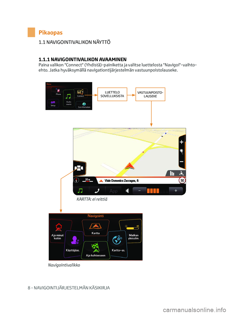 TOYOTA AYGO 2020  Omistajan Käsikirja (in Finnish) 8 - NAVIGOINTIJÄRJESTELMÄN KÄSIKIRJA
1.1 NAVIGOINTIVALIKON NÄYTTÖ
1.1.1 NAVIGOINTIVALIKON AVAAMINEN
Paina valikon "Connect" (Yhdistä)-painiketta ja valitse luettelosta "Navigoi"-