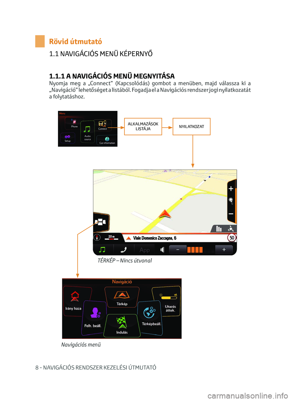 TOYOTA AYGO 2020  Kezelési útmutató (in Hungarian) 8 - NAVIGÁCIÓS RENDSZER KEZELÉSI ÚTMUTATÓ
1.1 NAVIGÁCIÓS MENÜ KÉPERNYŐ
1.1.1 A NAVIGÁCIÓS MENÜ MEGNYITÁSA
Nyomja meg a „Connect” (Kapcsolódás) gombot a menüben, majd válassza ki 