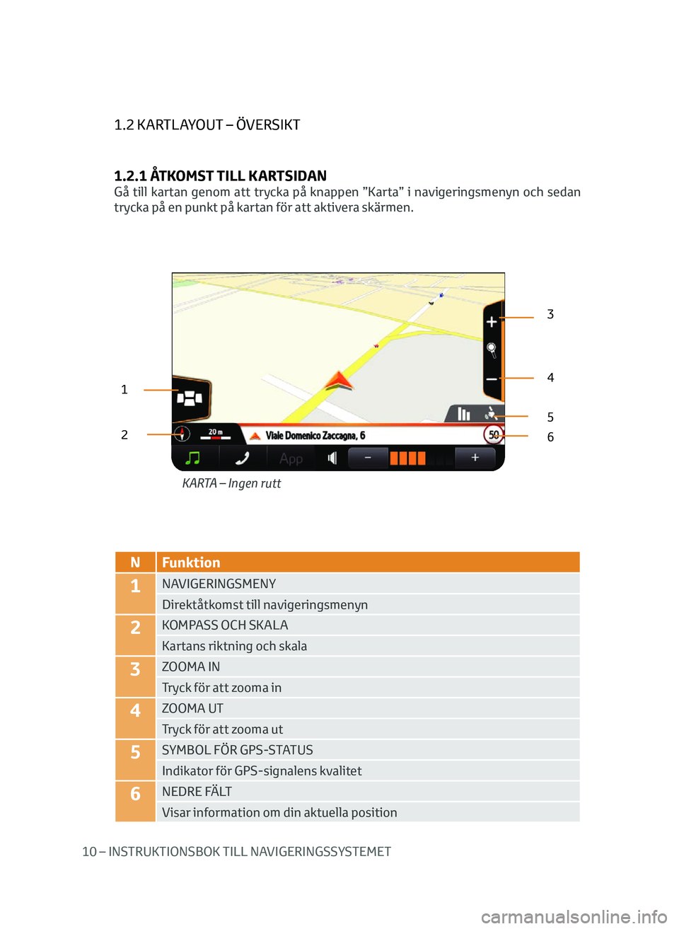 TOYOTA AYGO 2020  Bruksanvisningar (in Swedish) 10 – INSTRUKTIONSBOK TILL NAVIGERINGSSYSTEMET
1.2 KARTLAYOUT – ÖVERSIKT
1.2.1 ÅTKOMST TILL KARTSIDAN
Gå till kartan genom att trycka på knappen ”Karta” i navigeringsmenyn och sedan 
trycka