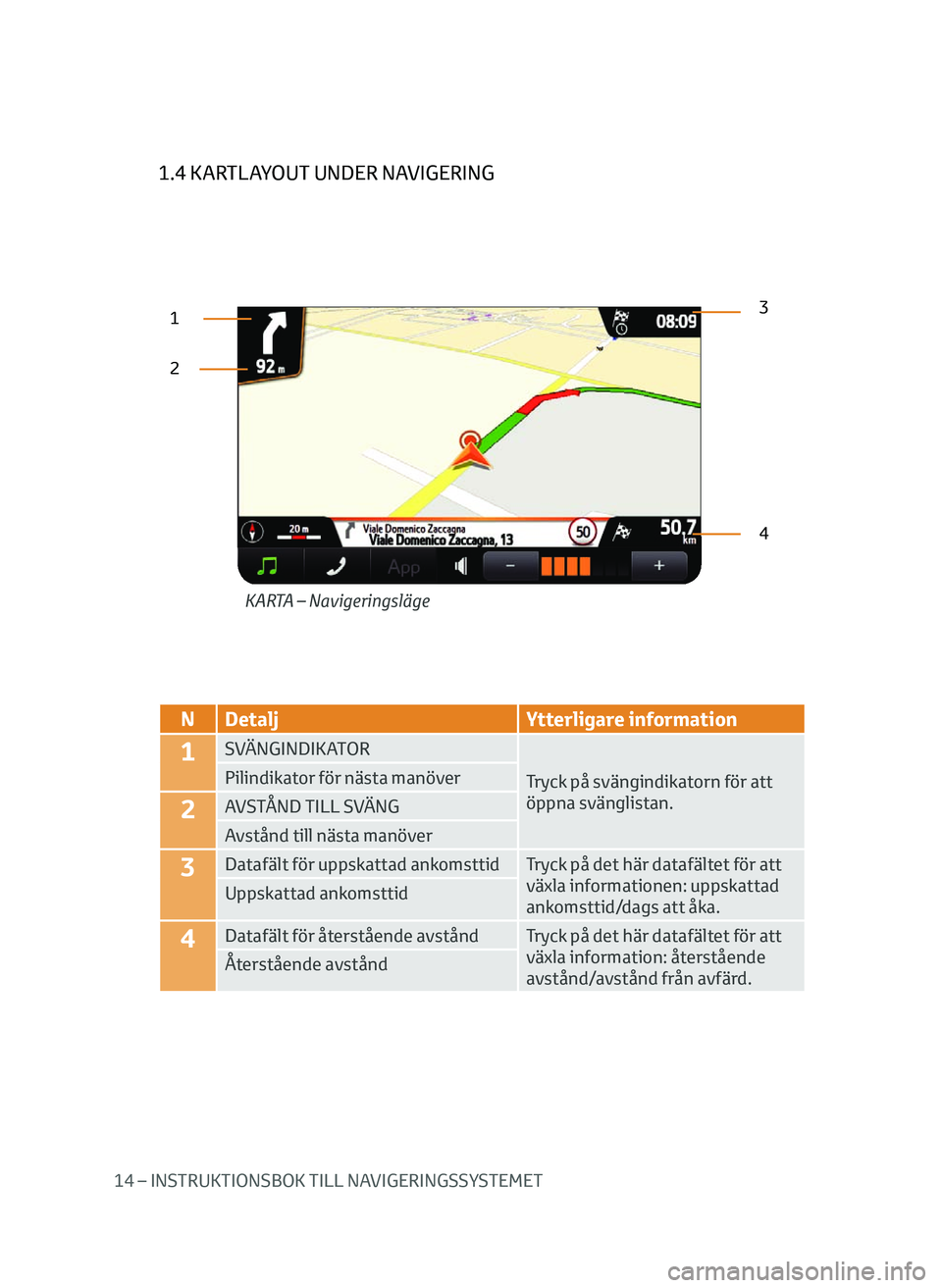 TOYOTA AYGO 2020  Bruksanvisningar (in Swedish) 14 – INSTRUKTIONSBOK TILL NAVIGERINGSSYSTEMET
1.4 KARTLAYOUT UNDER NAVIGERING
23
4
KARTA – Navigeringsläge
1
N Detalj
Ytterligare information
1SVÄNGINDIKATOR
Tryck på svängindikatorn för att 