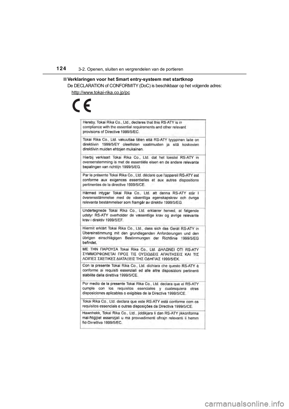 TOYOTA AYGO 2017  Instructieboekje (in Dutch) 1243-2. Openen, sluiten en vergrendelen van de portieren
AYGO_OM_Europe_OM99Q24E■
Verklaringen voor het Smart  entry-systeem met startknop
De DECLARATION of CONFORMITY (DoC) is beschikbaar op het vo