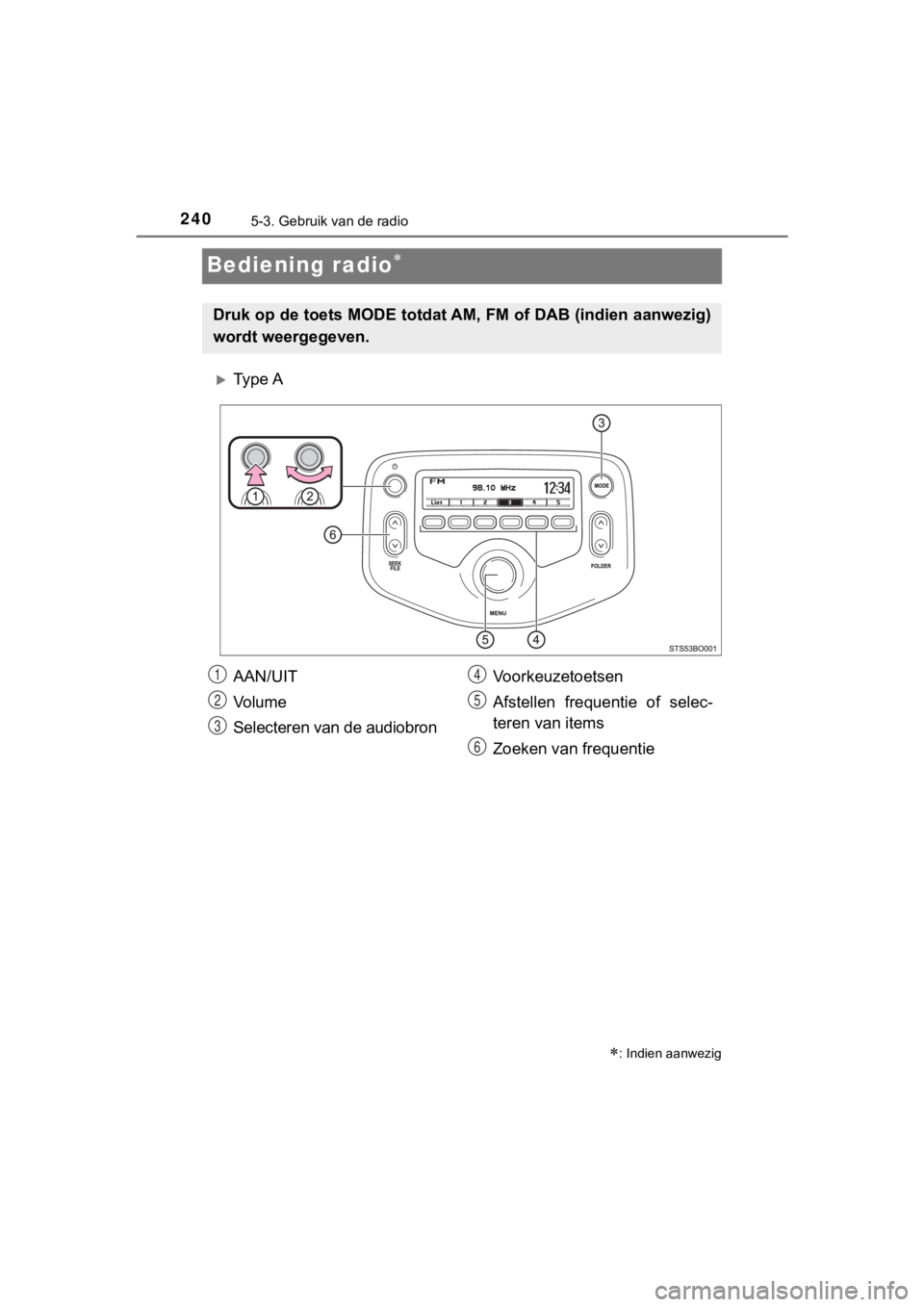 TOYOTA AYGO 2017  Instructieboekje (in Dutch) 2405-3. Gebruik van de radio
AYGO_OM_Europe_OM99Q24E
Bediening radio
Ty p e  A
: Indien aanwezig
Druk op de toets MODE totdat AM, FM of DAB (indien aanwezig)
wordt weergegeven.
AAN/UIT
Vo l u