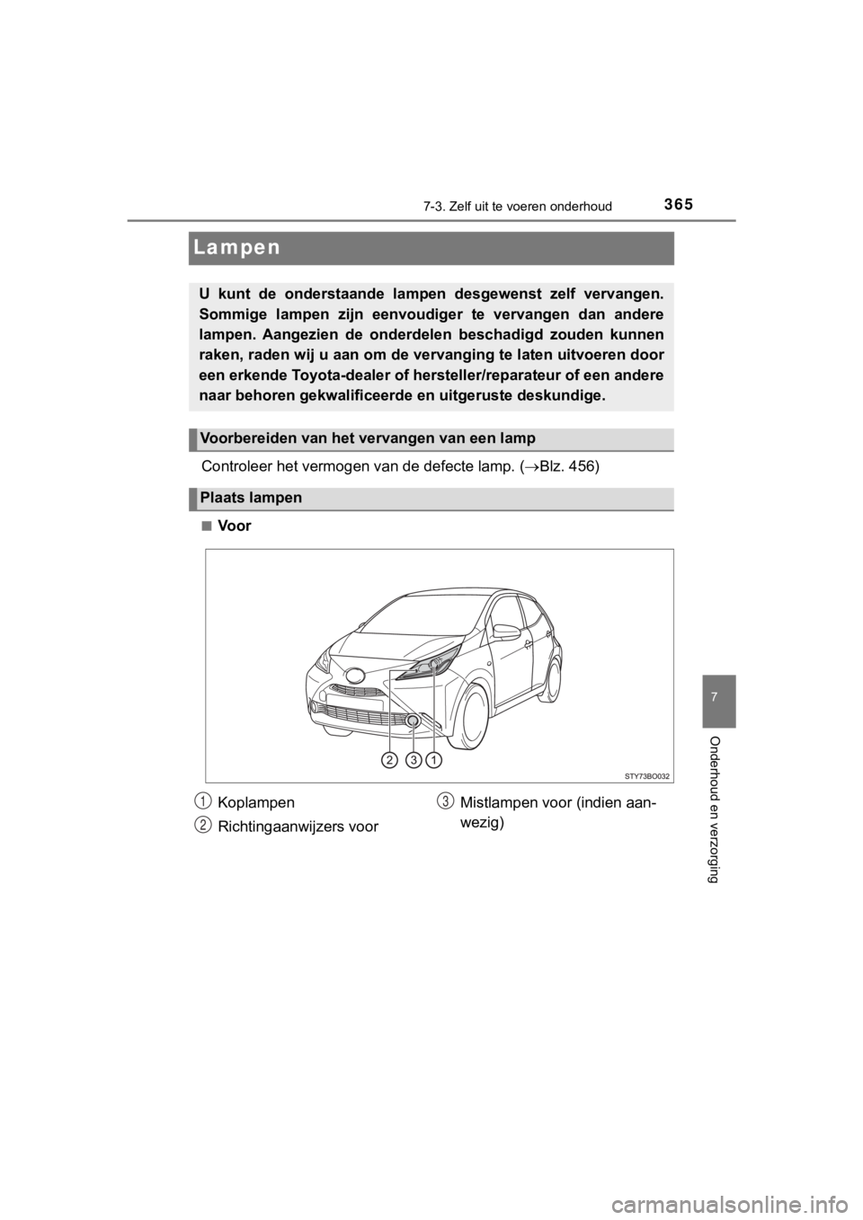 TOYOTA AYGO 2017  Instructieboekje (in Dutch) 3657-3. Zelf uit te voeren onderhoud
7
Onderhoud en verzorging
AYGO_OM_Europe_OM99Q24E
Lampen
Controleer het vermogen  van de defecte lamp. (Blz. 456)
■Voor
U  kunt  de  onderstaande  lampe n  de