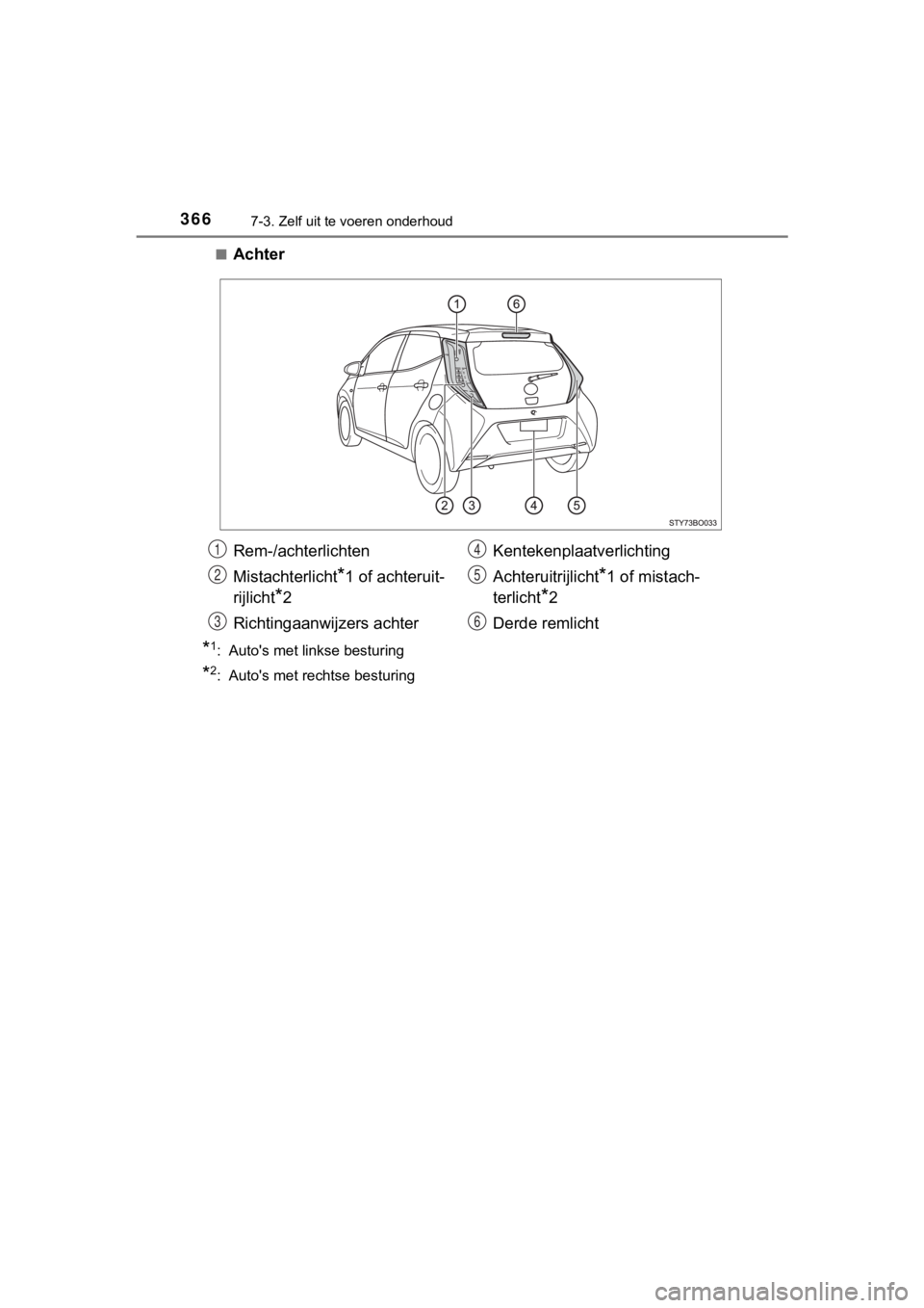 TOYOTA AYGO 2017  Instructieboekje (in Dutch) 3667-3. Zelf uit te voeren onderhoud
AYGO_OM_Europe_OM99Q24E■
Achter
*1: Auto's met linkse besturing
*2: Auto's met rechtse besturing
Rem-/achterlichten
Mistachterlicht
*1 of achteruit-
rijl