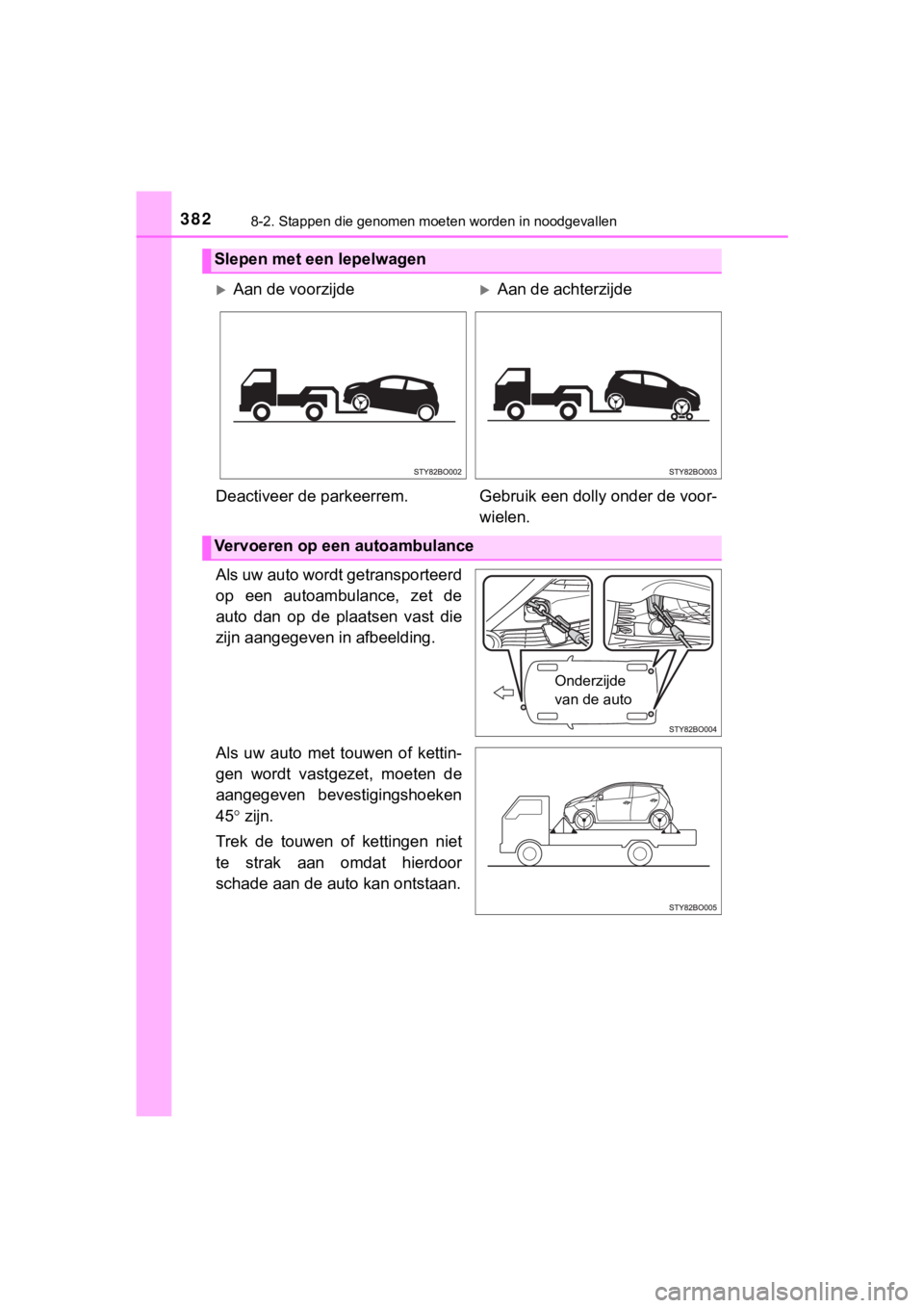 TOYOTA AYGO 2017  Instructieboekje (in Dutch) 3828-2. Stappen die genomen moeten worden in noodgevallen
AYGO_OM_Europe_OM99Q24E
Als uw auto wordt getransporteerd
op  een  autoambulance,  zet  de
auto  dan  op  de  plaatsen  vast  die
zijn aangege