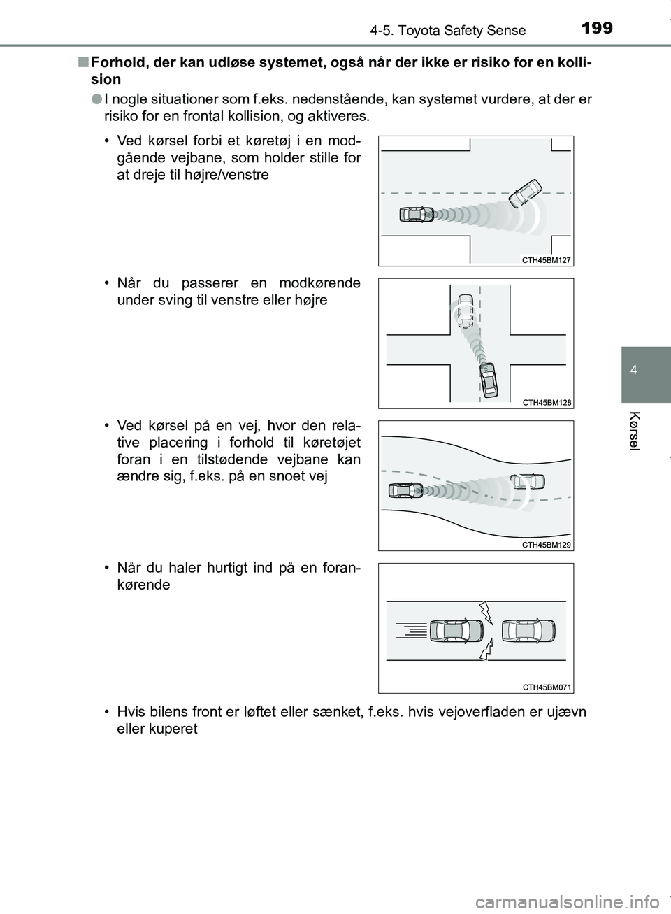 TOYOTA AYGO 2017  Brugsanvisning (in Danish) 1994-5. Toyota Safety Sense
4
Kørsel
OM99Q24DKn
Forhold, der kan udløse systemet, også når der ikke er risiko for en kolli-
sion
lI nogle situationer som f.eks. nedenstående, kan systemet vurdere