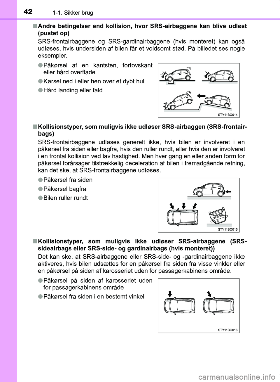 TOYOTA AYGO 2017  Brugsanvisning (in Danish) 421-1. Sikker brug
OM99Q24DKn
Andre betingelser end kollision, hv or SRS-airbaggene kan blive udløst
(pustet op)
SRS-frontairbaggene og SRS-gardinairbaggene (hvis monteret) kan også
udløses, hvis u