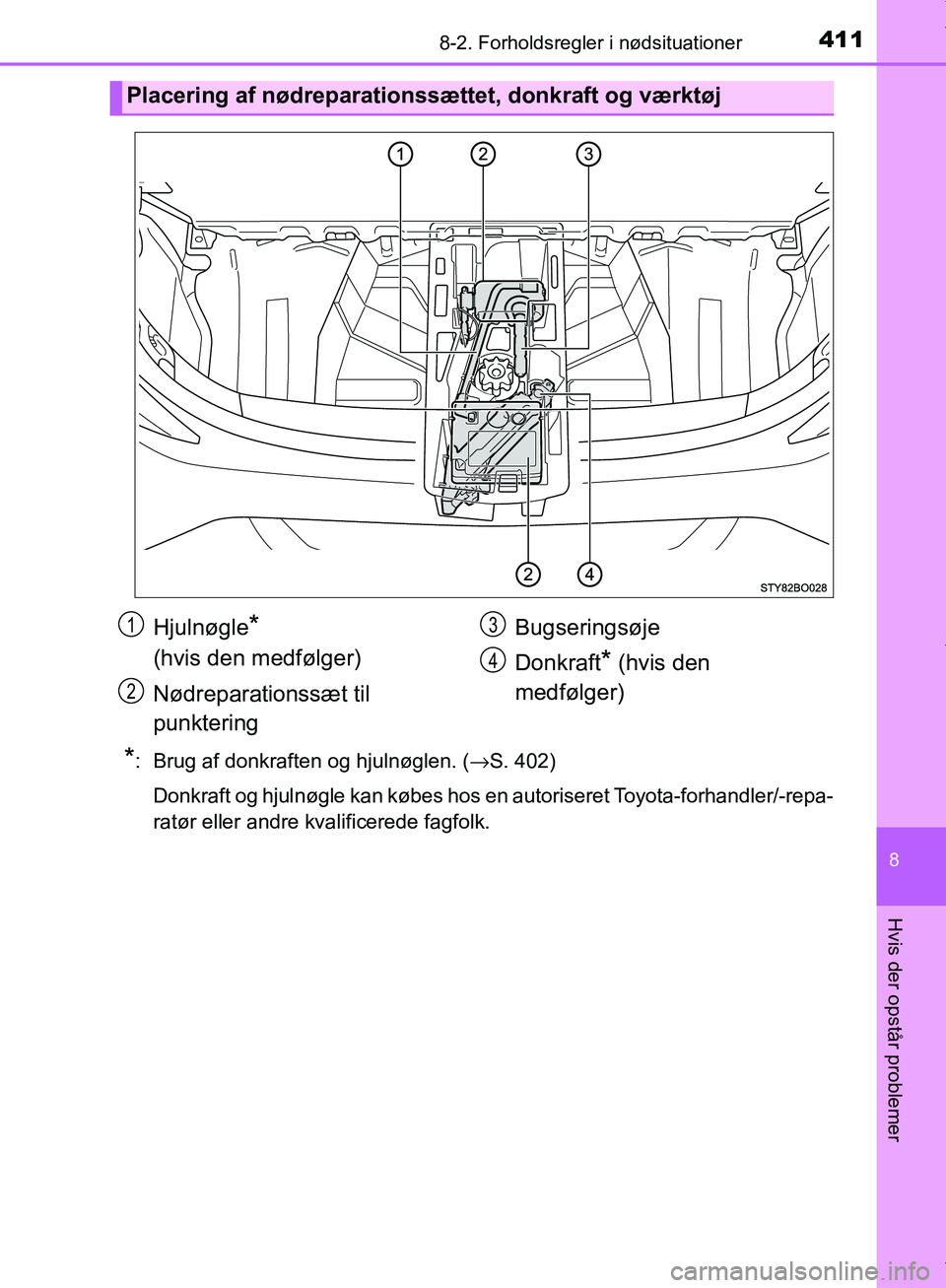 TOYOTA AYGO 2017  Brugsanvisning (in Danish) 4118-2. Forholdsregler i nødsituationer
8
Hvis der opstår problemer
OM99Q24DK
*: Brug af donkraften og hjulnøglen. (→S. 402)
Donkraft og hjulnøgle kan købes hos en autoriseret Toyota-forhandler
