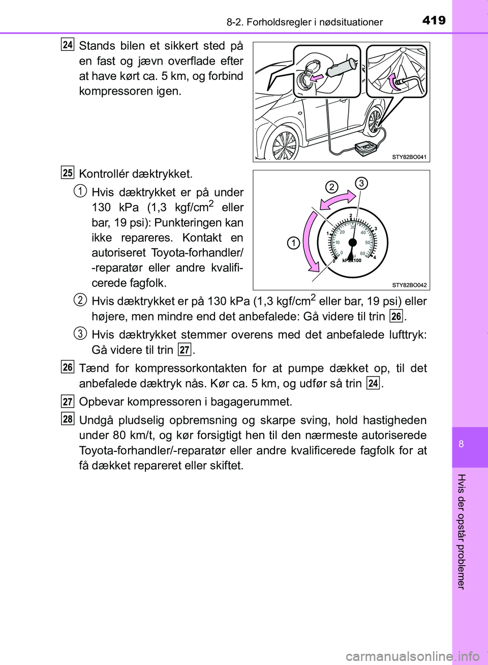 TOYOTA AYGO 2017  Brugsanvisning (in Danish) 4198-2. Forholdsregler i nødsituationer
8
Hvis der opstår problemer
OM99Q24DK
Stands bilen et sikkert sted på
en fast og jævn overflade efter
at have kørt ca. 5 km, og forbind
kompressoren igen.
