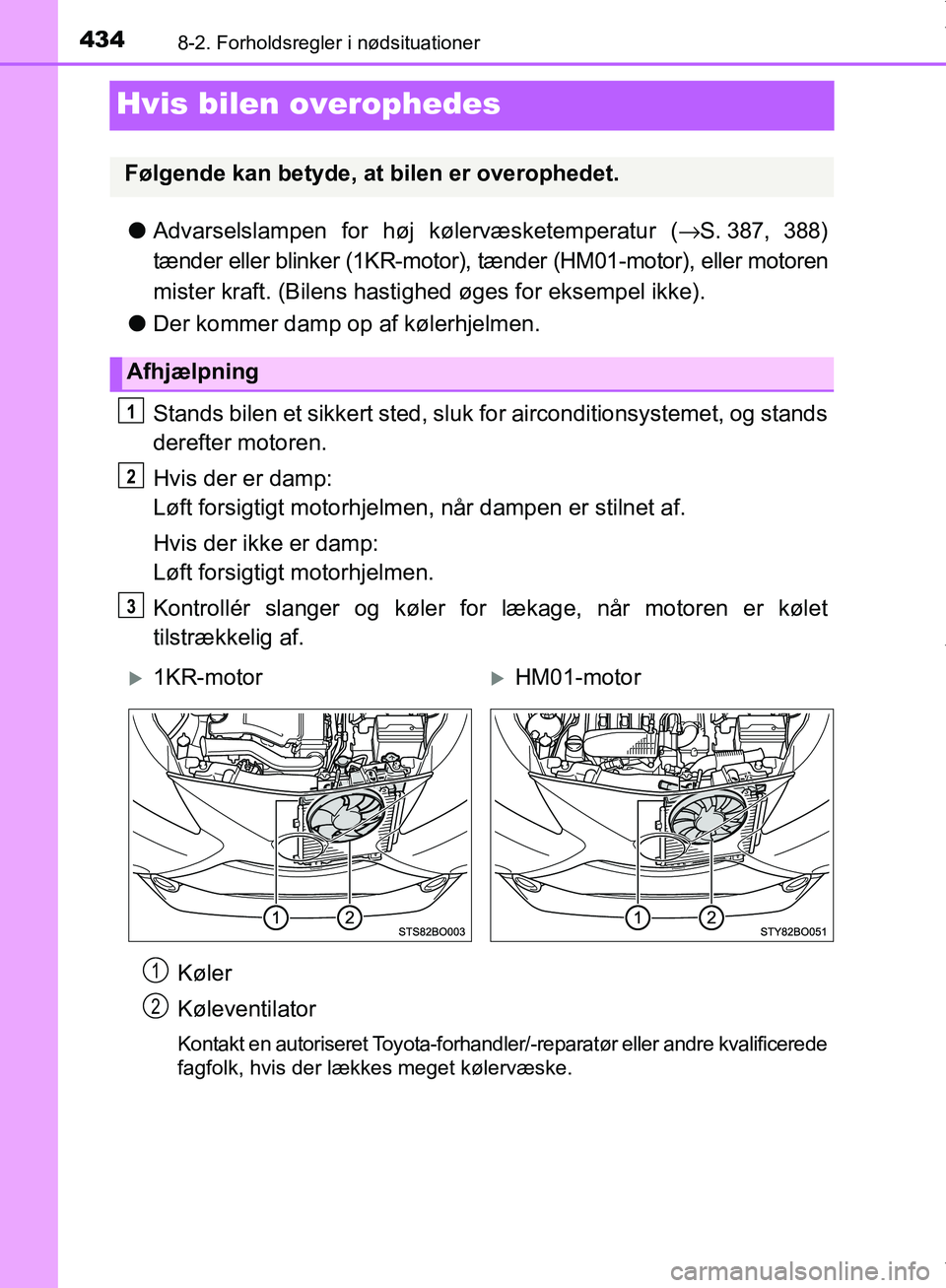 TOYOTA AYGO 2017  Brugsanvisning (in Danish) 4348-2. Forholdsregler i nødsituationer
OM99Q24DK
Hvis bilen overophedes
lAdvarselslampen for høj kølervæsketemperatur ( →S. 387, 388)
tænder eller blinker (1KR-motor), tænder (HM01-motor), el