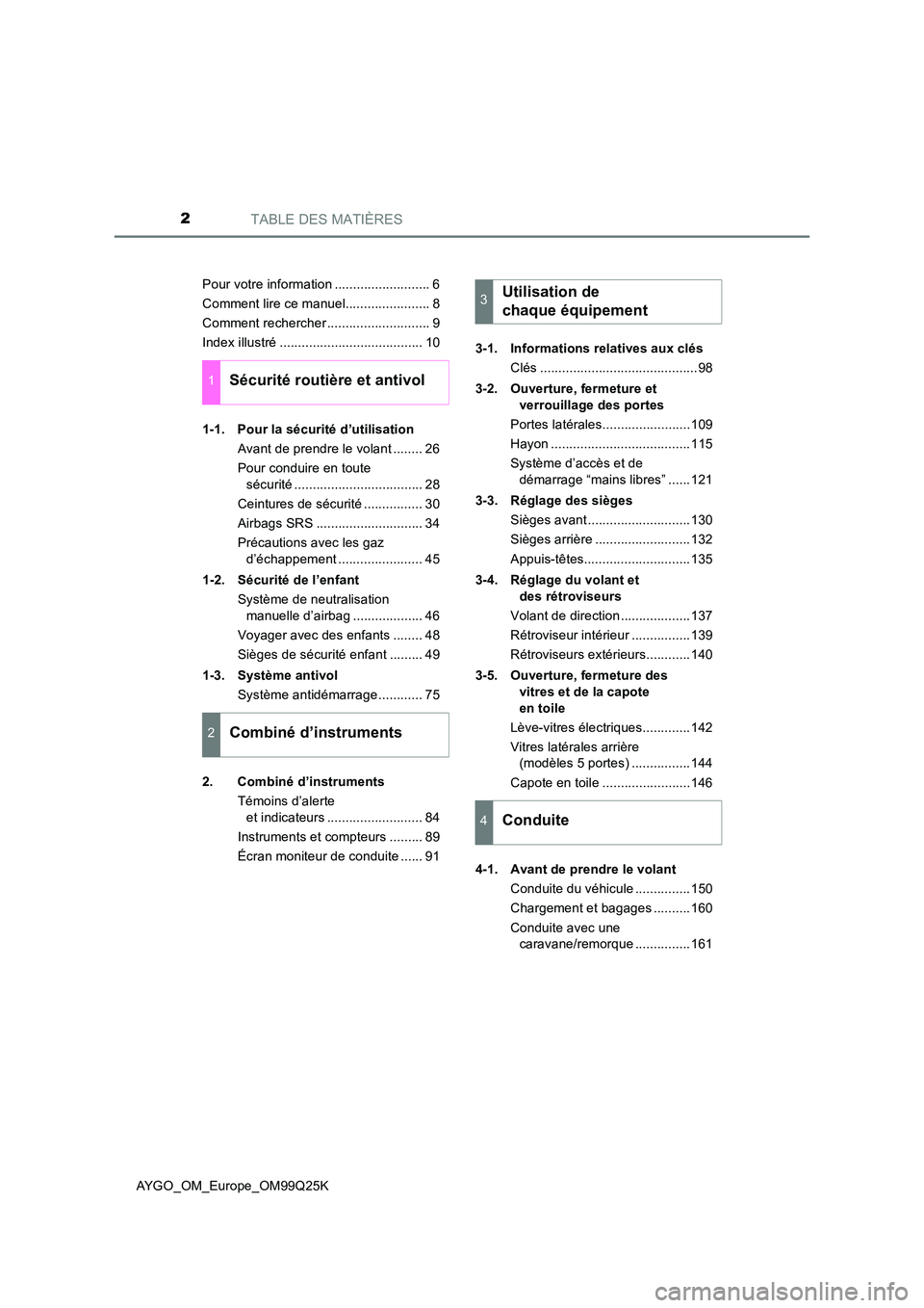 TOYOTA AYGO 2017  Notices Demploi (in French) TABLE DES MATIÈRES2
AYGO_OM_Europe_OM99Q25K 
Pour votre information .......................... 6 
Comment lire ce manuel....................... 8
Comment rechercher ............................ 9
Ind