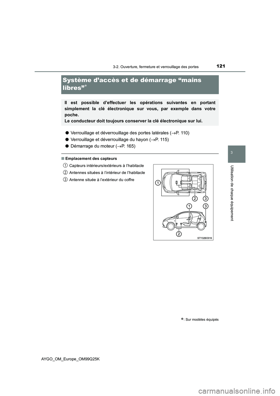 TOYOTA AYGO 2017  Notices Demploi (in French) 121
3
3-2. Ouverture, fermeture et verrouillage des portes
Utilisation de chaque équipement
AYGO_OM_Europe_OM99Q25K
Système d’accès et de démarrage “mains  
libres”
● Verrouillage et d