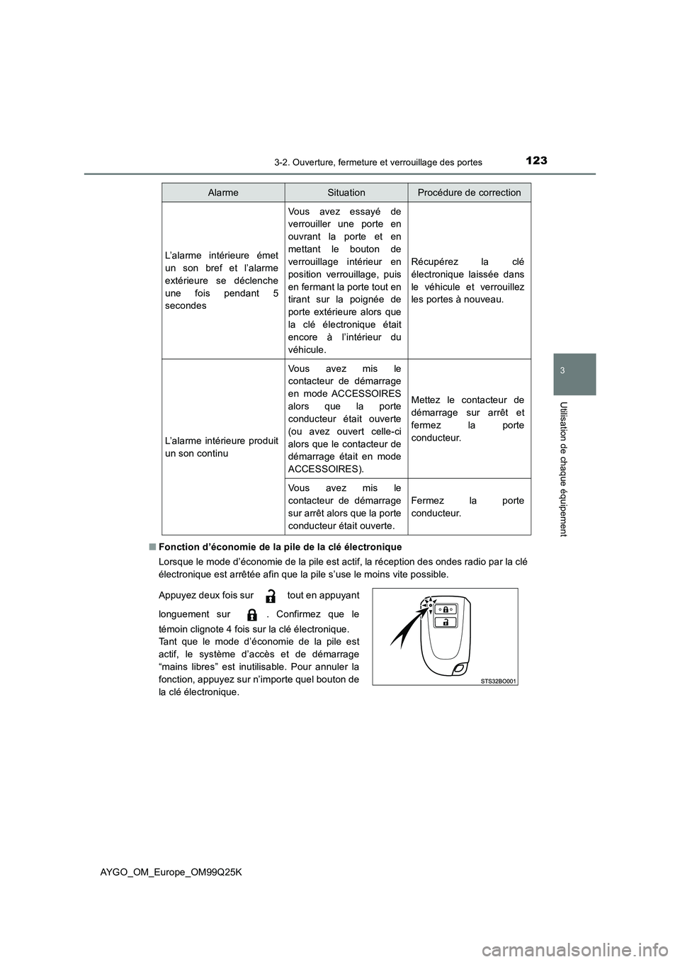 TOYOTA AYGO 2017  Notices Demploi (in French) 1233-2. Ouverture, fermeture et verrouillage des portes
3
Utilisation de chaque équipement
AYGO_OM_Europe_OM99Q25K 
■ Fonction d’économie de la pile de la clé électronique 
Lorsque le mode d