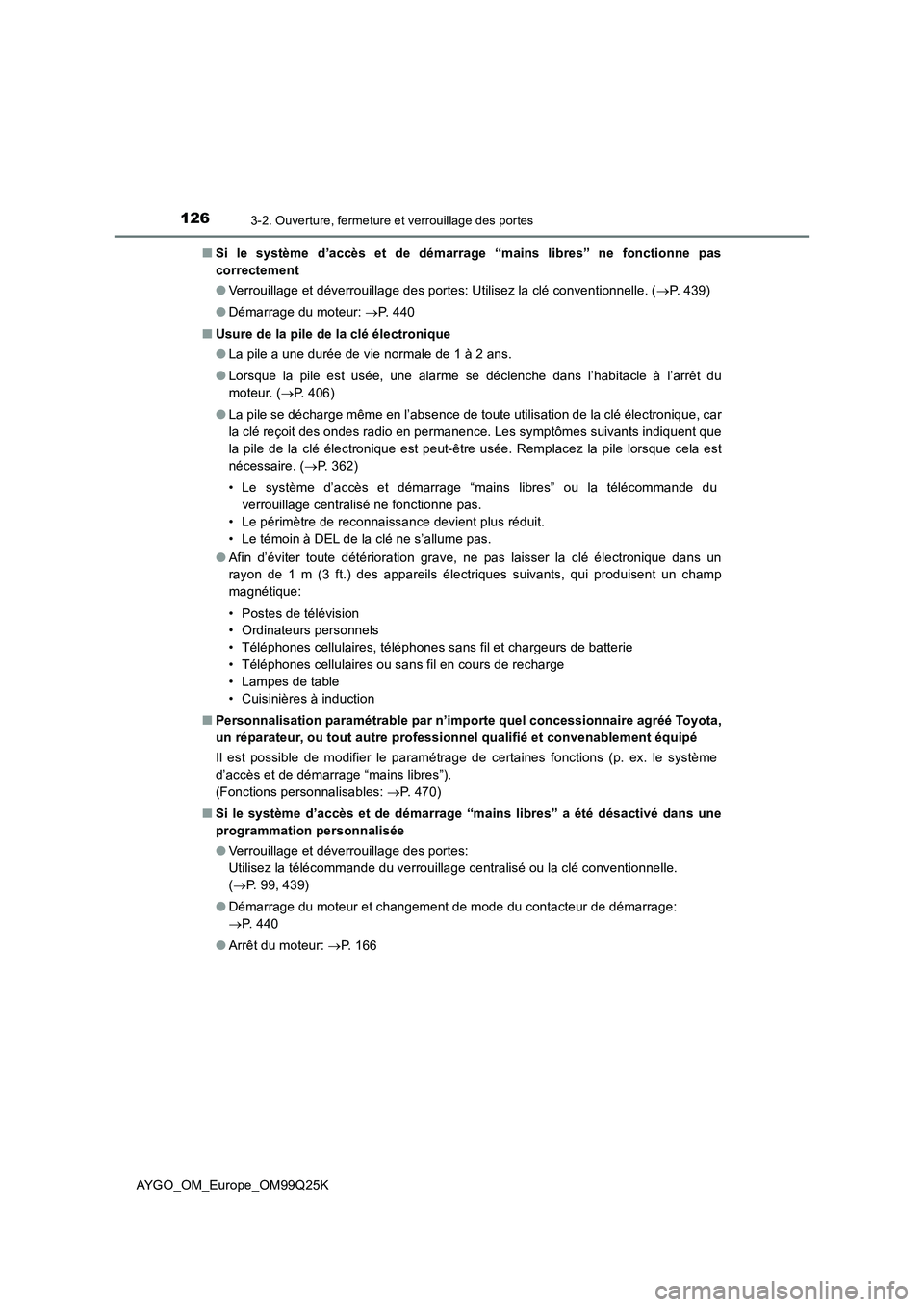 TOYOTA AYGO 2017  Notices Demploi (in French) 1263-2. Ouverture, fermeture et verrouillage des portes
AYGO_OM_Europe_OM99Q25K 
■ Si le système d’accès et de démarrage “mains libres” ne fonctionne pas 
correctement 
● Verrouillage et 