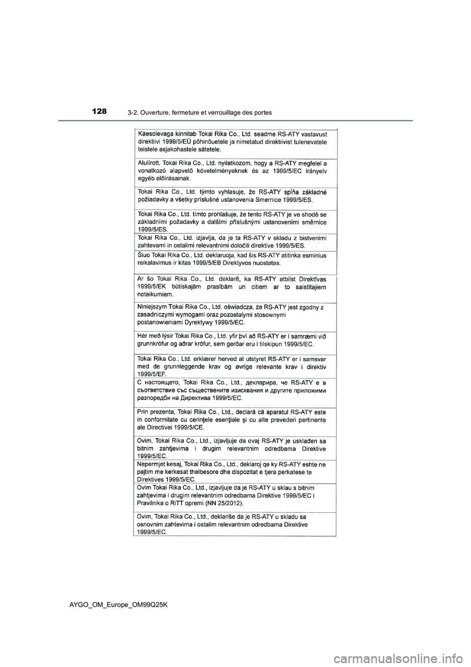 TOYOTA AYGO 2017  Notices Demploi (in French) 1283-2. Ouverture, fermeture et verrouillage des portes
AYGO_OM_Europe_OM99Q25K 