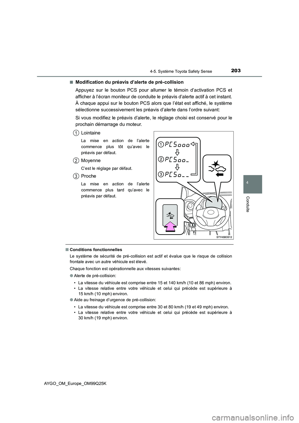 TOYOTA AYGO 2017  Notices Demploi (in French) 2034-5. Système Toyota Safety Sense
4
Conduite
AYGO_OM_Europe_OM99Q25K 
■Modification du préavis d’alerte de pré-collision 
Appuyez sur le bouton PCS pour allumer le témoin d’activation PCS 