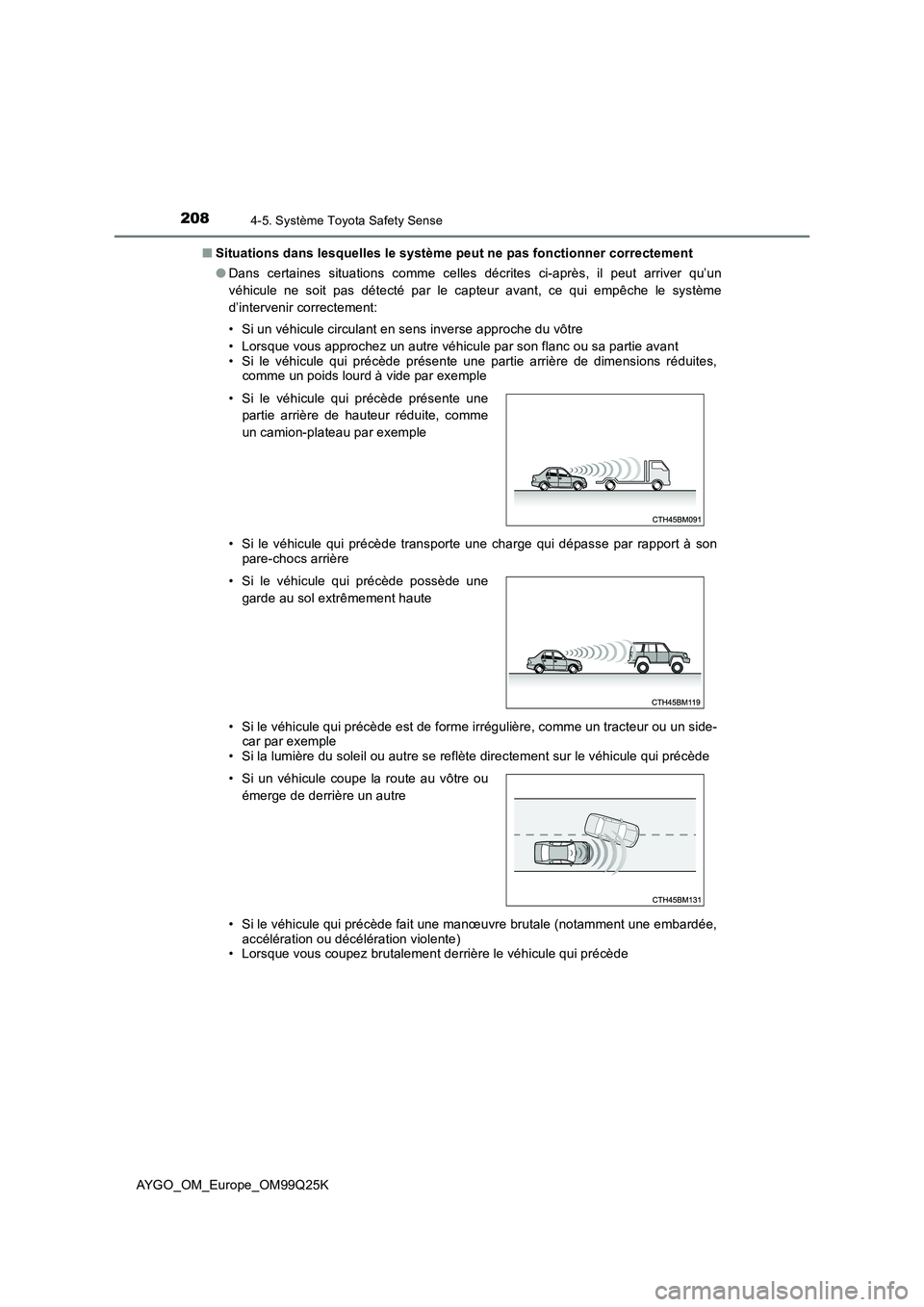 TOYOTA AYGO 2017  Notices Demploi (in French) 2084-5. Système Toyota Safety Sense
AYGO_OM_Europe_OM99Q25K 
■ Situations dans lesquelles le système peut ne pas fonctionner correctement 
● Dans certaines situations comme celles décrites ci-a