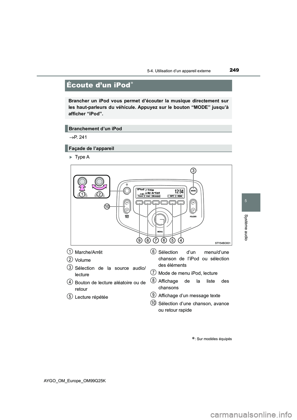 TOYOTA AYGO 2017  Notices Demploi (in French) 249
5
5-4. Utilisation d’un appareil externe
Système audio
AYGO_OM_Europe_OM99Q25K
Écoute d’un iPod
P. 241
Type A
: Sur modèles équipés
Brancher un iPod vous permet d’écouter l