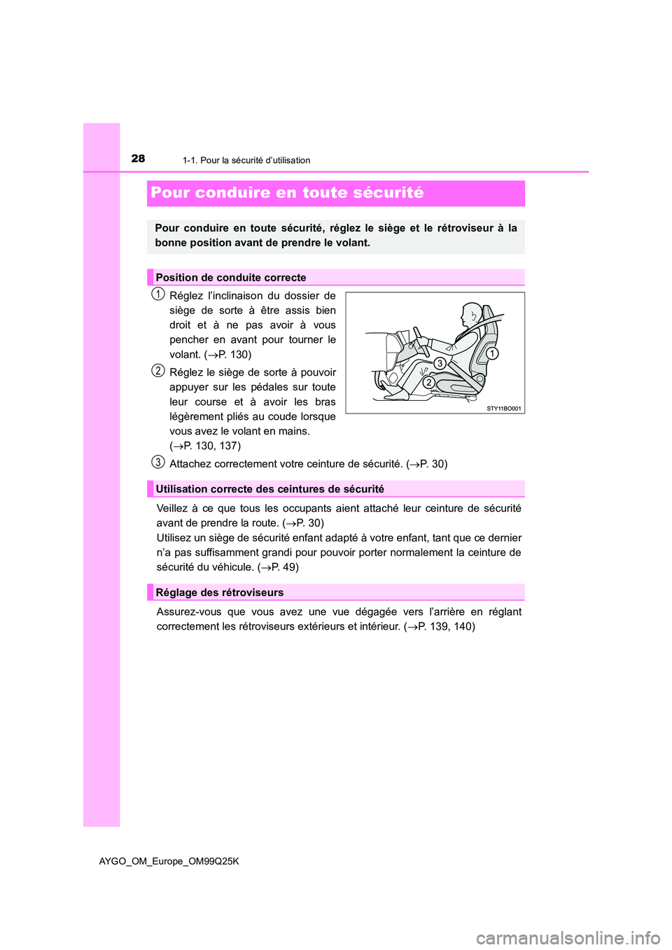 TOYOTA AYGO 2017  Notices Demploi (in French) 281-1. Pour la sécurité d’utilisation
AYGO_OM_Europe_OM99Q25K
Pour conduire en toute sécurité
Réglez l’inclinaison du dossier de 
siège de sorte à être assis bien 
droit et à ne pas avoir
