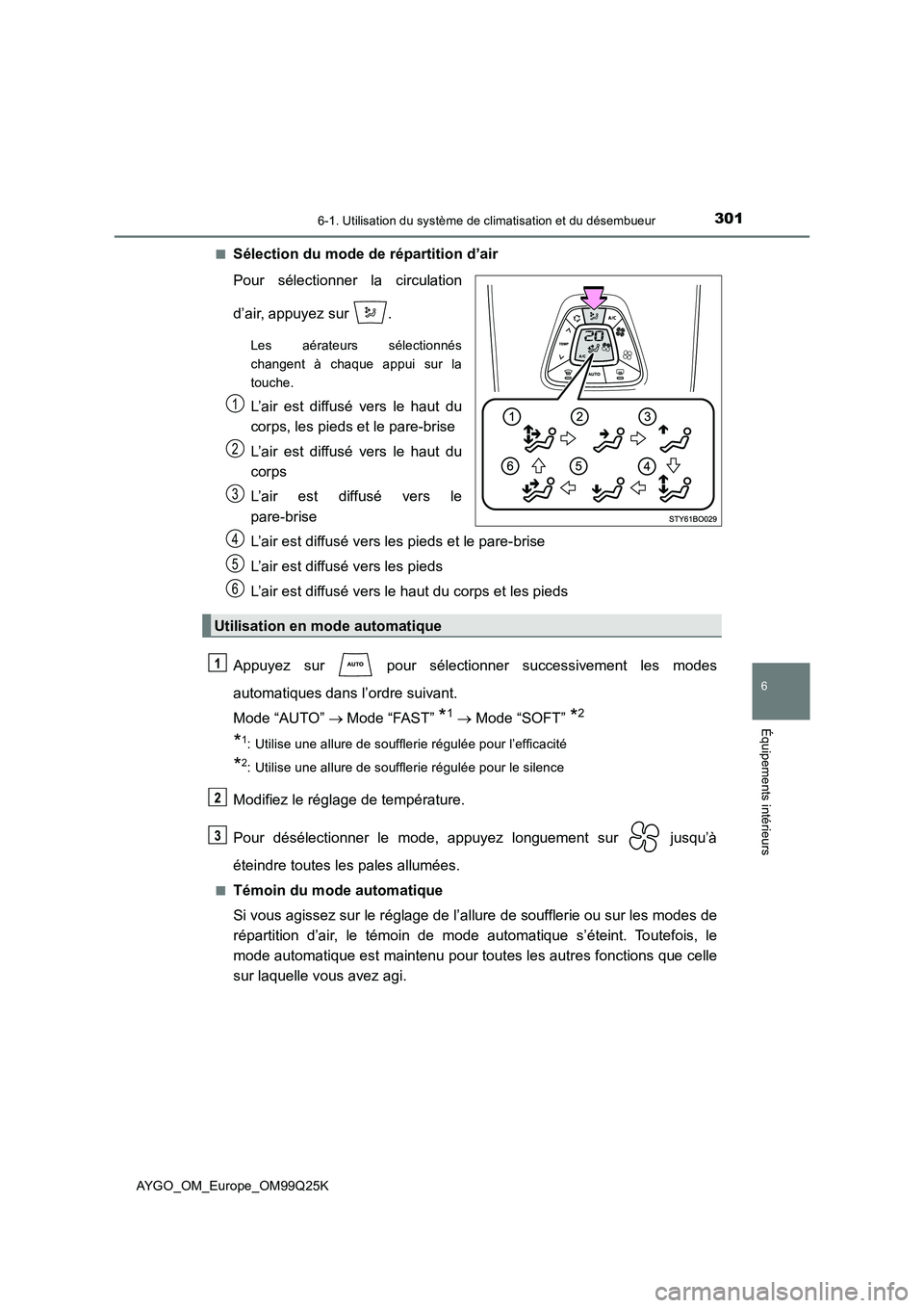 TOYOTA AYGO 2017  Notices Demploi (in French) 3016-1. Utilisation du système de climatisation et du désembueur
6
Équipements intérieurs
AYGO_OM_Europe_OM99Q25K 
■Sélection du mode de répartition d’air 
Pour sélectionner la circulation 