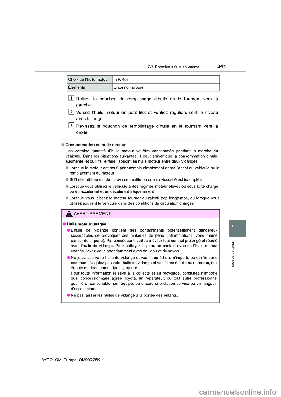 TOYOTA AYGO 2017 Notices Demploi (in French) 3417-3. Entretien à faire soi-même
7
Entretien et soin
AYGO_OM_Europe_OM99Q25K
Retirez le bouchon de remplissage d’huile en le tournant vers la
gauche.
Versez l’huile moteur en petit filet et TOYOTA AYGO 2017 Notices Demploi (in French) 3417-3. Entretien à faire soi-même
7
Entretien et soin
AYGO_OM_Europe_OM99Q25K
Retirez le bouchon de remplissage d’huile en le tournant vers la
gauche.
Versez l’huile moteur en petit filet et