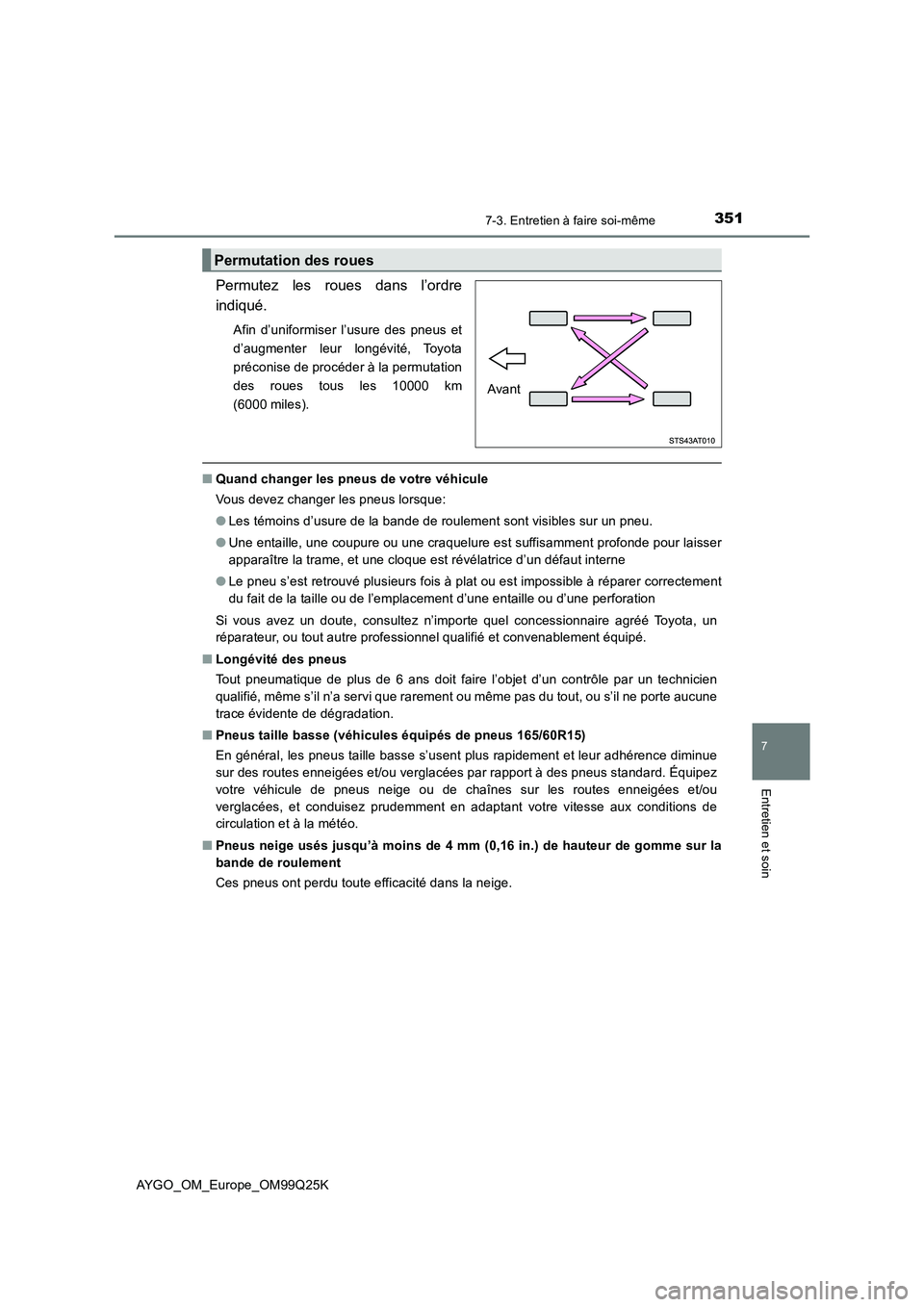 TOYOTA AYGO 2017  Notices Demploi (in French) 3517-3. Entretien à faire soi-même
7
Entretien et soin
AYGO_OM_Europe_OM99Q25K
Permutez les roues dans l’ordre 
indiqué. 
Afin d’uniformiser l’usure des pneus et 
d’augmenter leur longévit