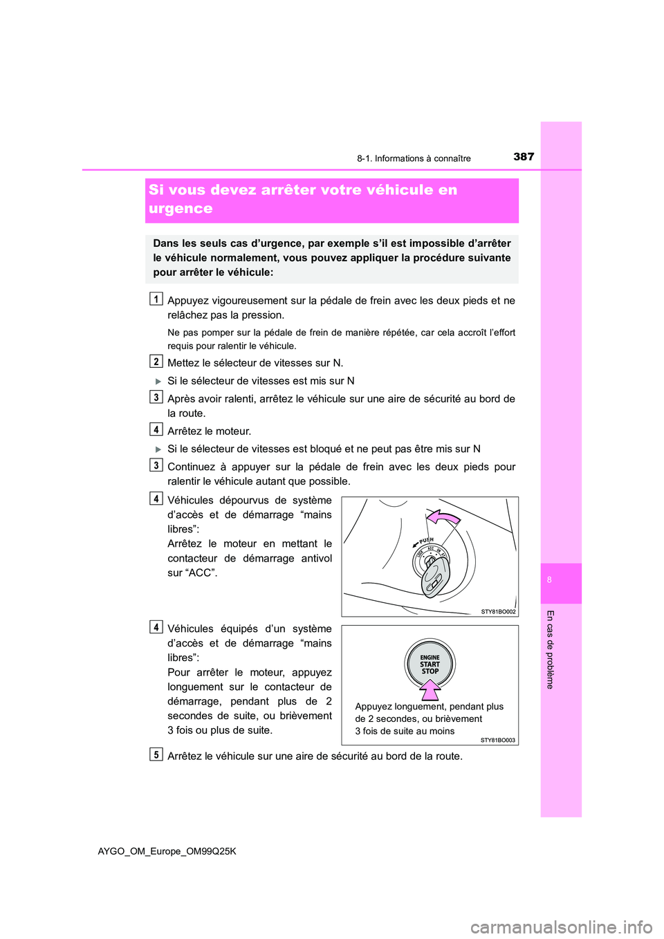 TOYOTA AYGO 2017  Notices Demploi (in French) 3878-1. Informations à connaître
8
En cas de problème
AYGO_OM_Europe_OM99Q25K
Si vous devez arrêter votre véhicule en  
urgence
Appuyez vigoureusement sur la pédale de frein avec les deux pieds 