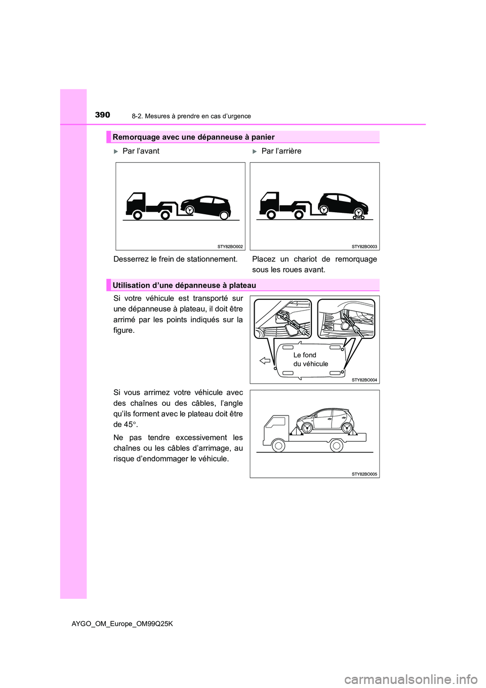 TOYOTA AYGO 2017  Notices Demploi (in French) 3908-2. Mesures à prendre en cas d’urgence
AYGO_OM_Europe_OM99Q25K
Si votre véhicule est transporté sur 
une dépanneuse à plateau, il doit être 
arrimé par les points indiqués sur la 
figure