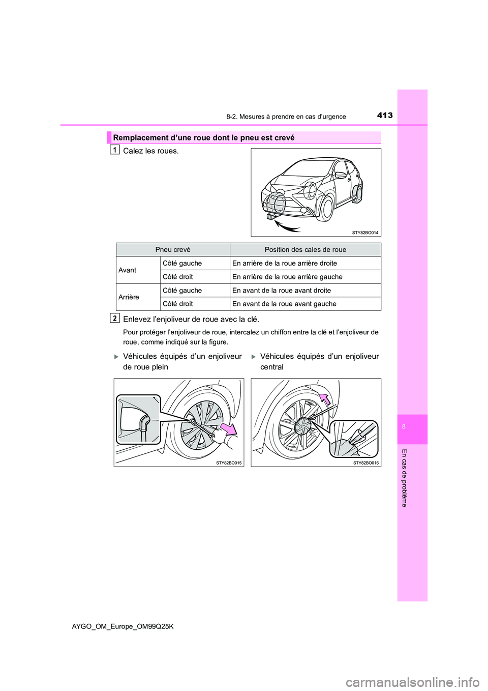 TOYOTA AYGO 2017  Notices Demploi (in French) 4138-2. Mesures à prendre en cas d’urgence
8
En cas de problème
AYGO_OM_Europe_OM99Q25K
Calez les roues. 
Enlevez l’enjoliveur de roue avec la clé.
Pour protéger l’enjoliveur de roue, interc