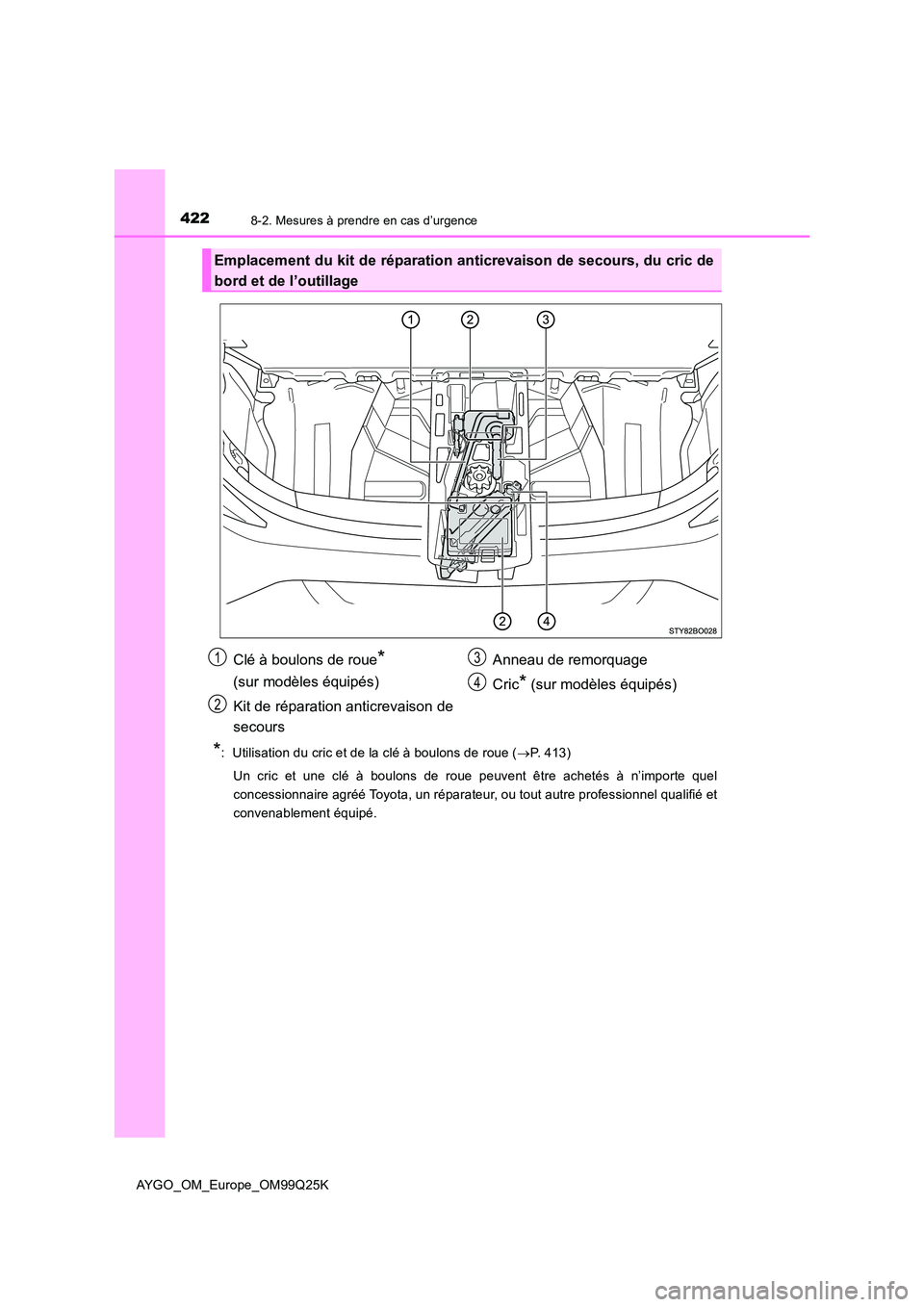 TOYOTA AYGO 2017  Notices Demploi (in French) 4228-2. Mesures à prendre en cas d’urgence
AYGO_OM_Europe_OM99Q25K
*:  Utilisation du cric et de la clé à boulons de roue (P. 413) 
Un cric et une clé à boulons de roue peuvent être acheté