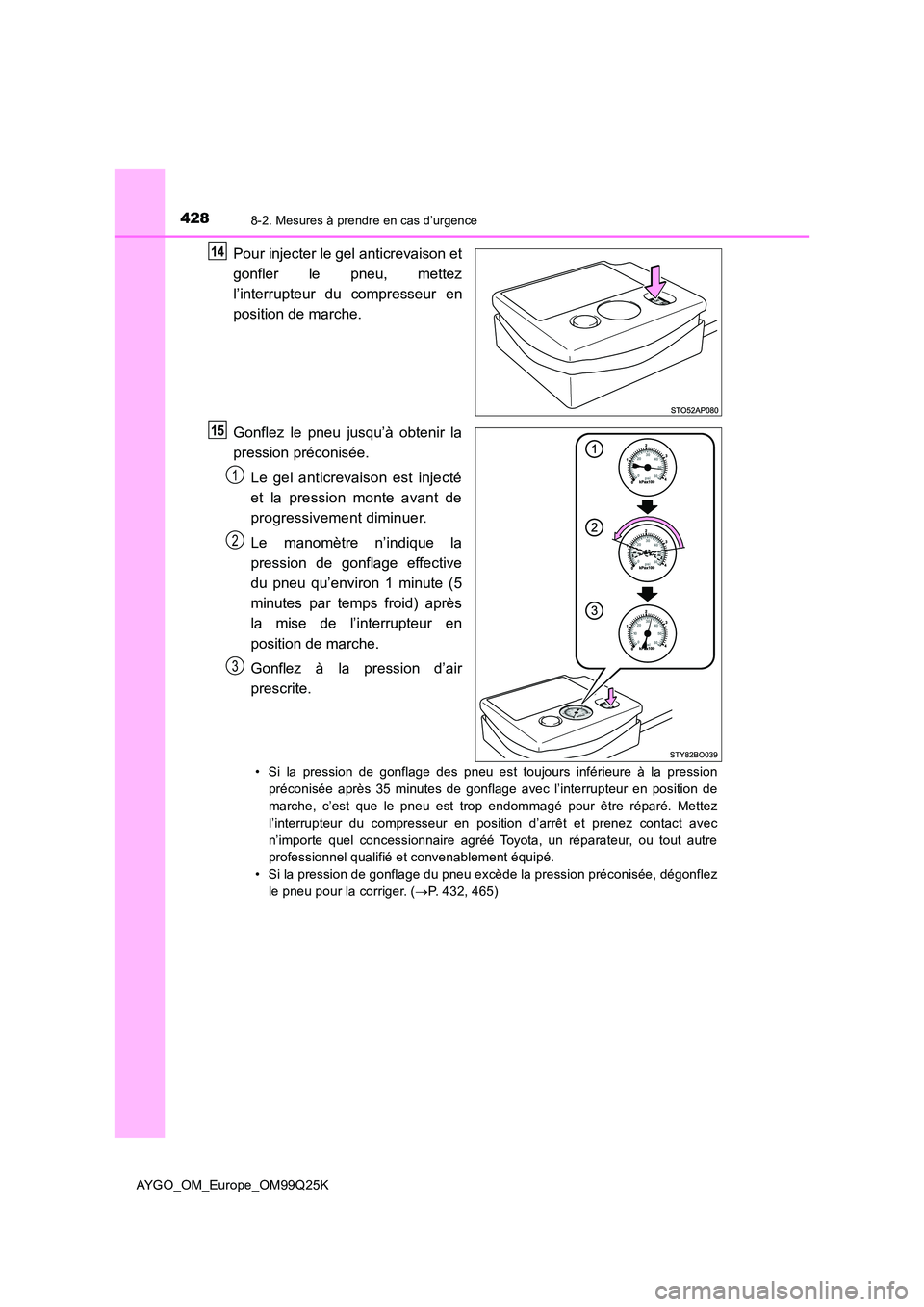 TOYOTA AYGO 2017  Notices Demploi (in French) 4288-2. Mesures à prendre en cas d’urgence
AYGO_OM_Europe_OM99Q25K
Pour injecter le gel anticrevaison et 
gonfler le pneu, mettez 
l’interrupteur du compresseur en 
position de marche. 
Gonflez l