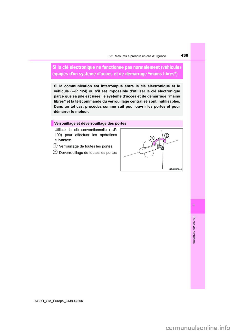 TOYOTA AYGO 2017  Notices Demploi (in French) 4398-2. Mesures à prendre en cas d’urgence
8
En cas de problème
AYGO_OM_Europe_OM99Q25K
Si la clé électronique ne fonctionne pas normalement (véhicules  
équipés d’un système d’accès et